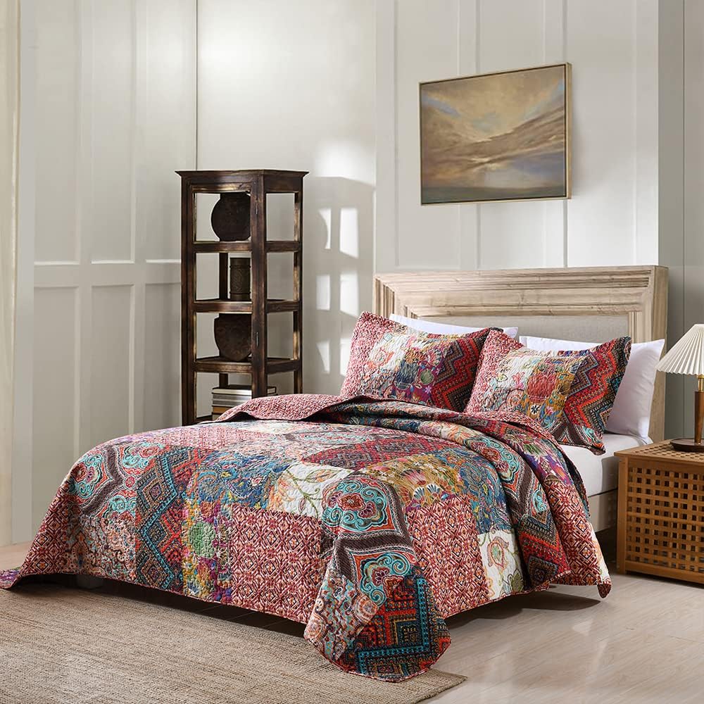 Autumn Dream Cotton Patchwork Bedspread Quilt Sets, Reversible Bedding Coverlet Sets, Red Gorgeous Vintage Pattern, King Size