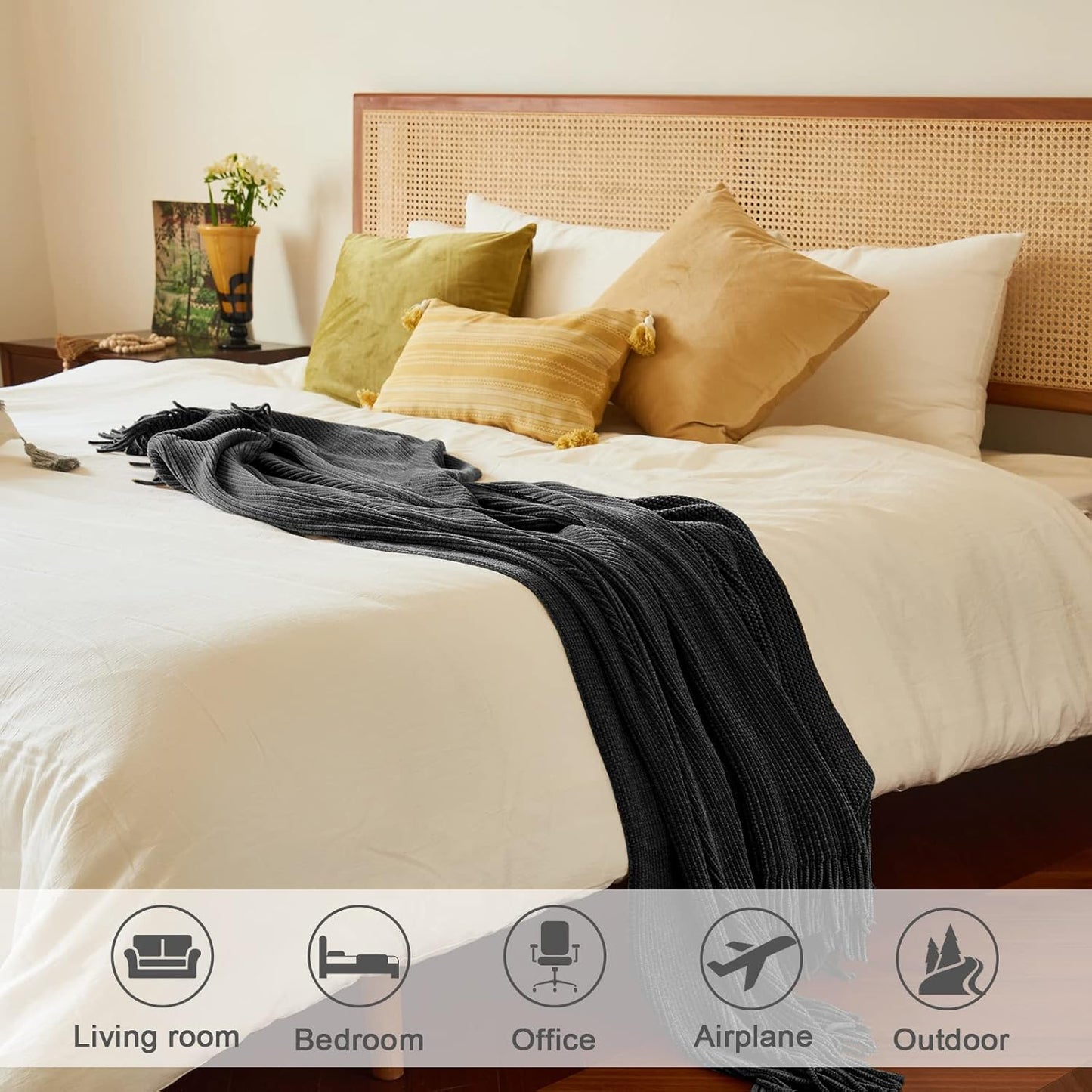 lifein Throw Blanket for Couch, Soft Boho Decor Bed Throw,Cozy Grey Knitted Chenille Small Farmhouse Lightweight Throw for Spring(Dark Grey,50 * 60")