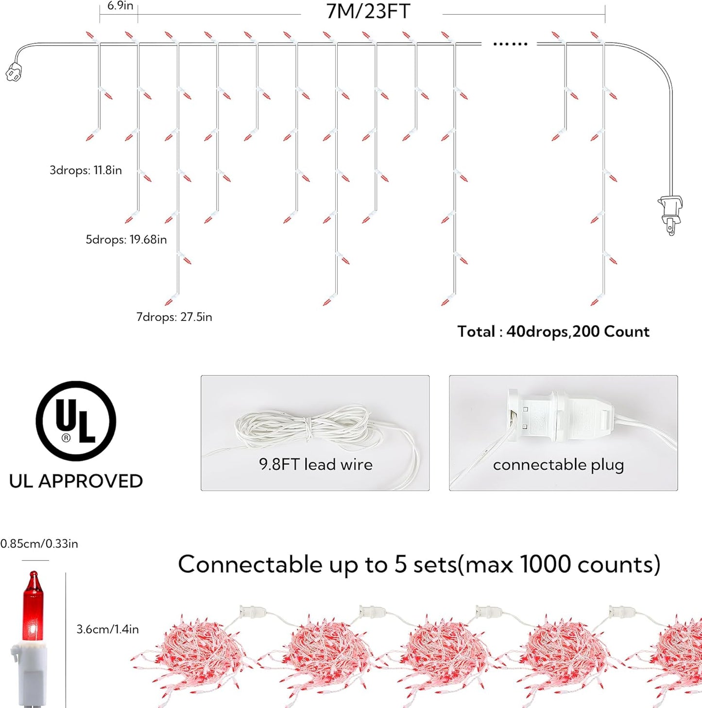 23FT 200Count Red Icicle Lights,White Wire Icicle Mini Lights Plug in with 40 Drops,Hanging Curtain Fairy String Light Connectable for Christmas Valentine's Day Halloween Party Decorations