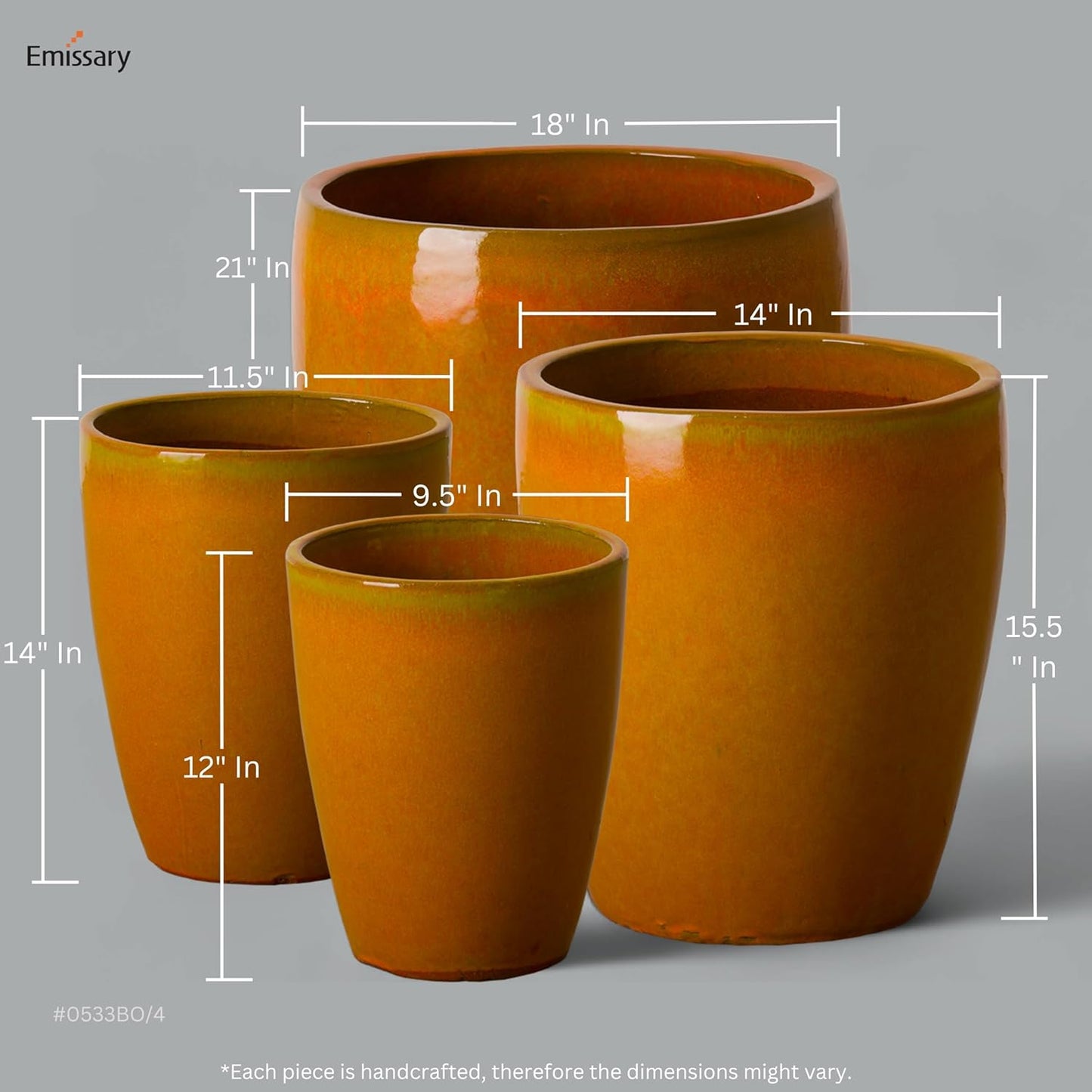 Emissary Home and Garden Bullet 12in., 14in., 15.5in., 21in. H Bright Orange Ceramic Round Planters with Drainage Hole (Set of 4)