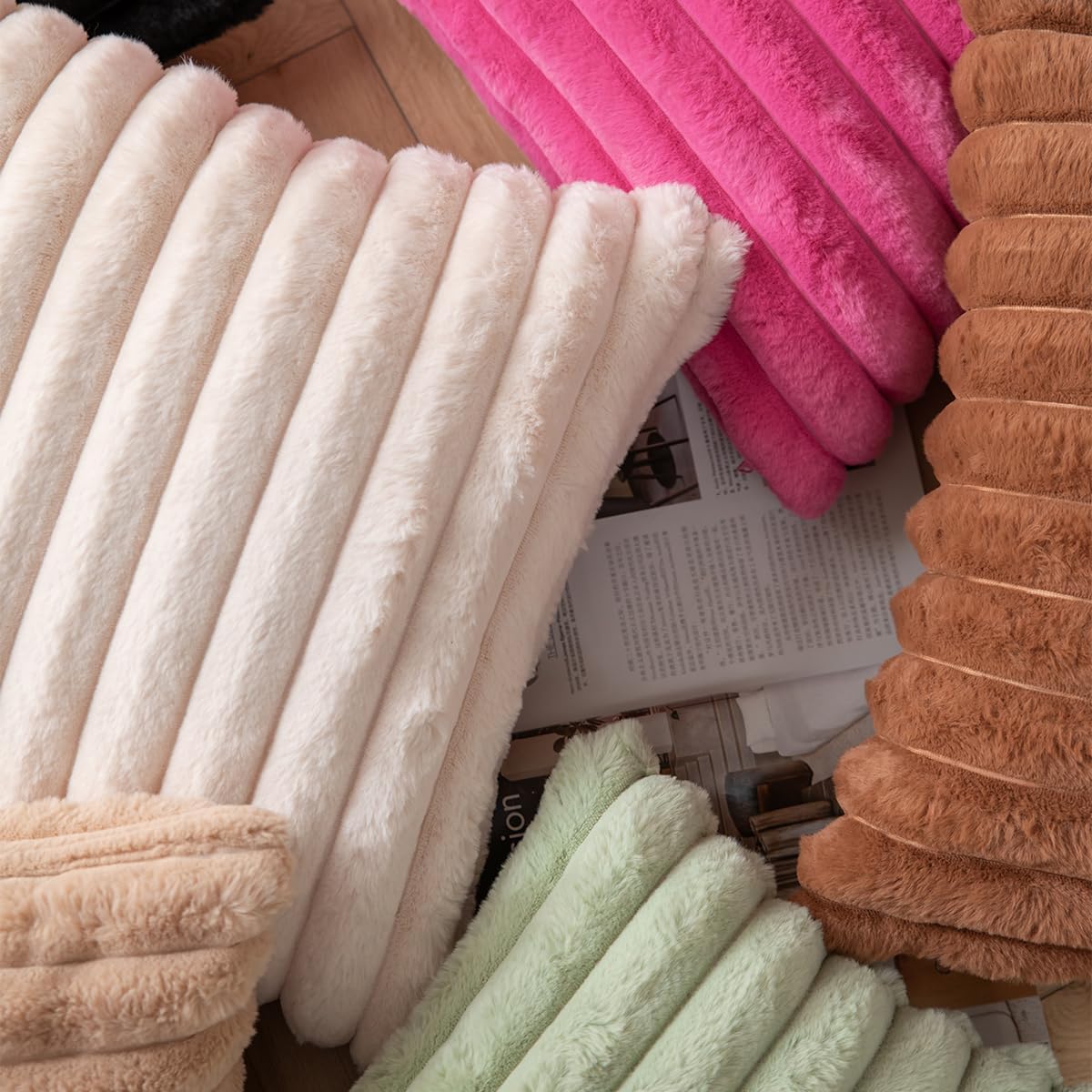 DEELAND Pack of 2,Double-Sided Faux Fur Plush Decorative Throw Pillow Covers Fuzzy Striped Soft Pillowcase Cushion Covers for Sofa Couch Bedroom Beige 26x26 inch