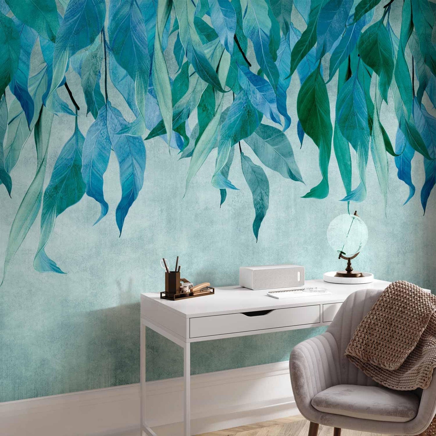 artgeist Premium Wall Mural Hanging Leaves 118x83 in - Non-Woven Wallpaper Fleece Wall Decor Photo Print Picture Image Design Nature Botanical Concrete Green Blue b-C-10146-a-b