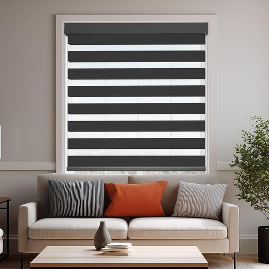 HESTIA Cordless Zebra Blinds Light Filtering Roller Shades UV Blocking Blackout Privacy Indoor Window Shades for Home Office Day and Night, Black,31" W x 54" H