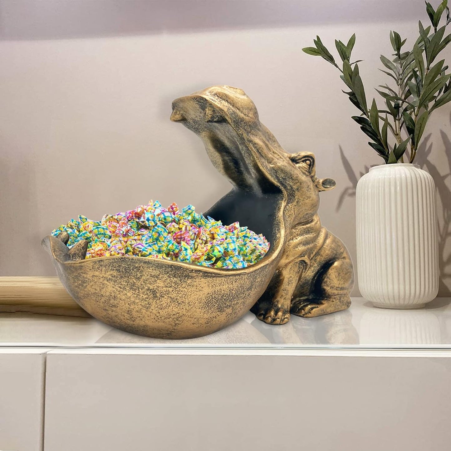 aboxoo Hippo Statue Home Resin Hippopotamus Figurine Sculpture Table Art Decoration Sundries Key Container Storage Box (Gold)