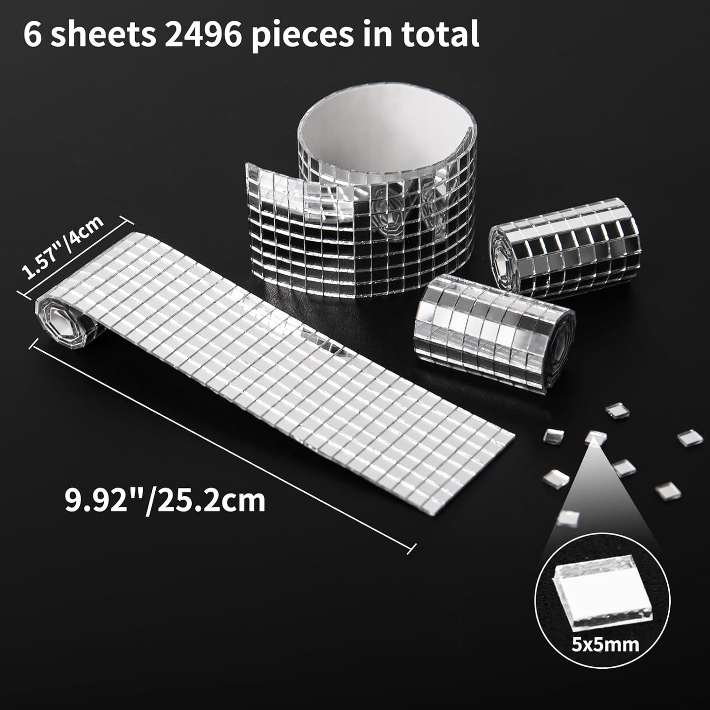 Art3dwallpanels 6 Pack Self-Adhesive Glass Mirror Mosaic Tiles 2364 Pieces Small Square Mirror Tiles Sticker for DIY Craft Decoration, Disco Ball Silver