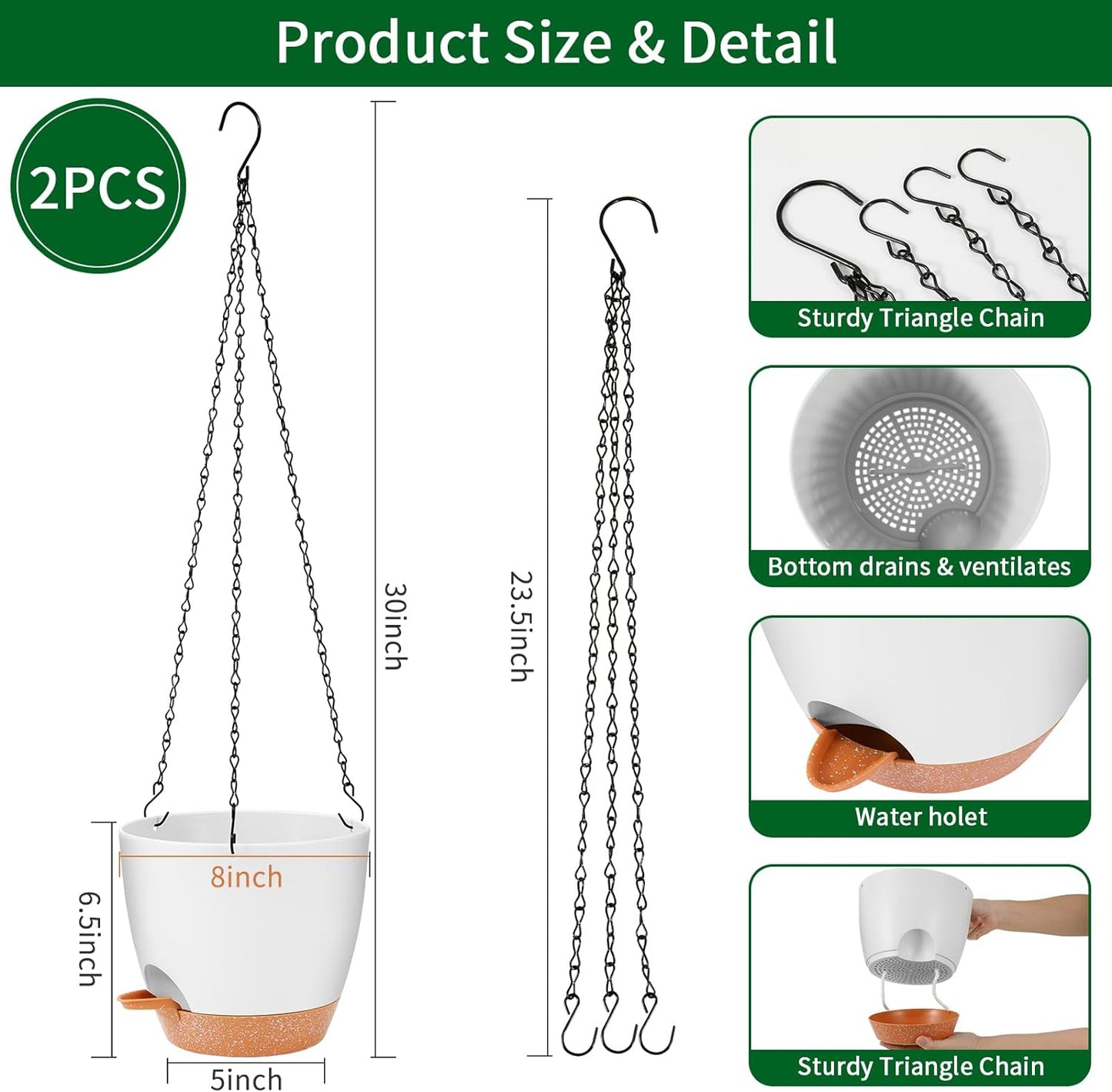 GARDIFE Hanging Planter, 8 inch Hanging planters for Indoor. Outdoor Plants, Self Watering Plant Pot, 2 Pack Large self Watering Hanging Planter (8-White, 8 inch)