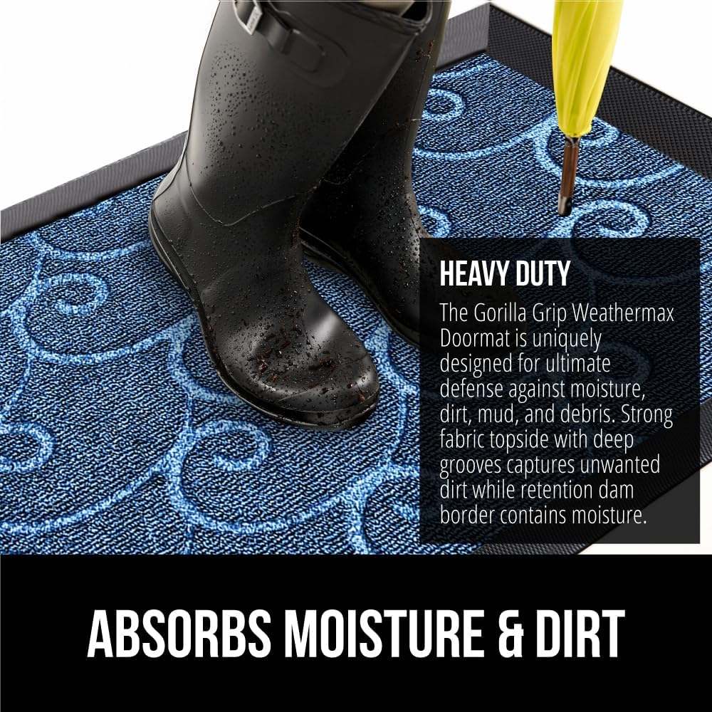 GORILLA GRIP 100% Waterproof All-Season WeatherMax Doormat, 47x35, US Designed Natural Rubber, Stain and Fade Resistant, Low Profile Indoor Outdoor Door Mats, Easy Clean Patio Mat, Ocean Blue Waves