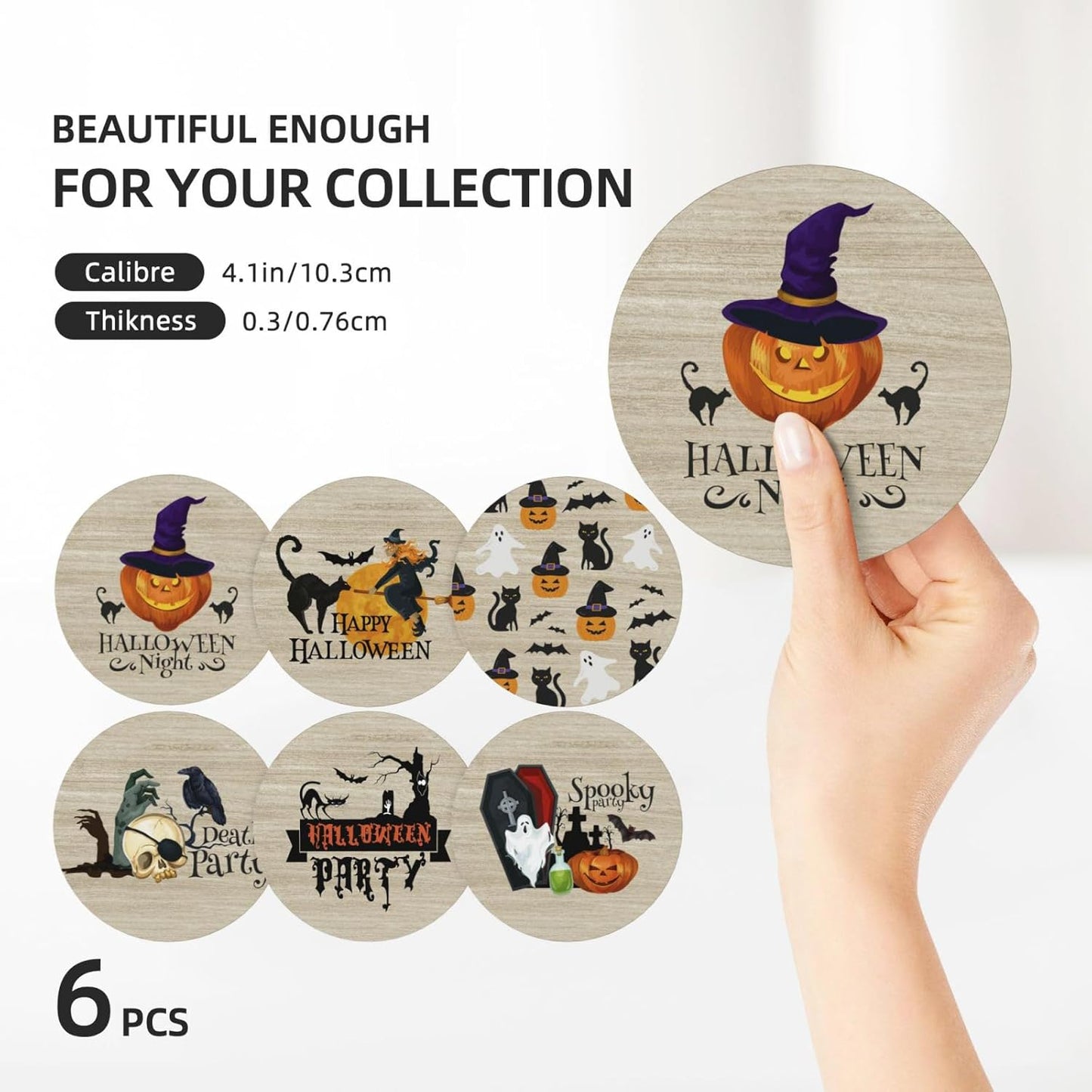 Halloween Coaster for Drinks Set of 6 with Metal Holder and Cork Base Ceramic Drink Coasters Absorbent Cup Mat Non-Slip for Home Kitchen Office Table Decor, 4 Inch