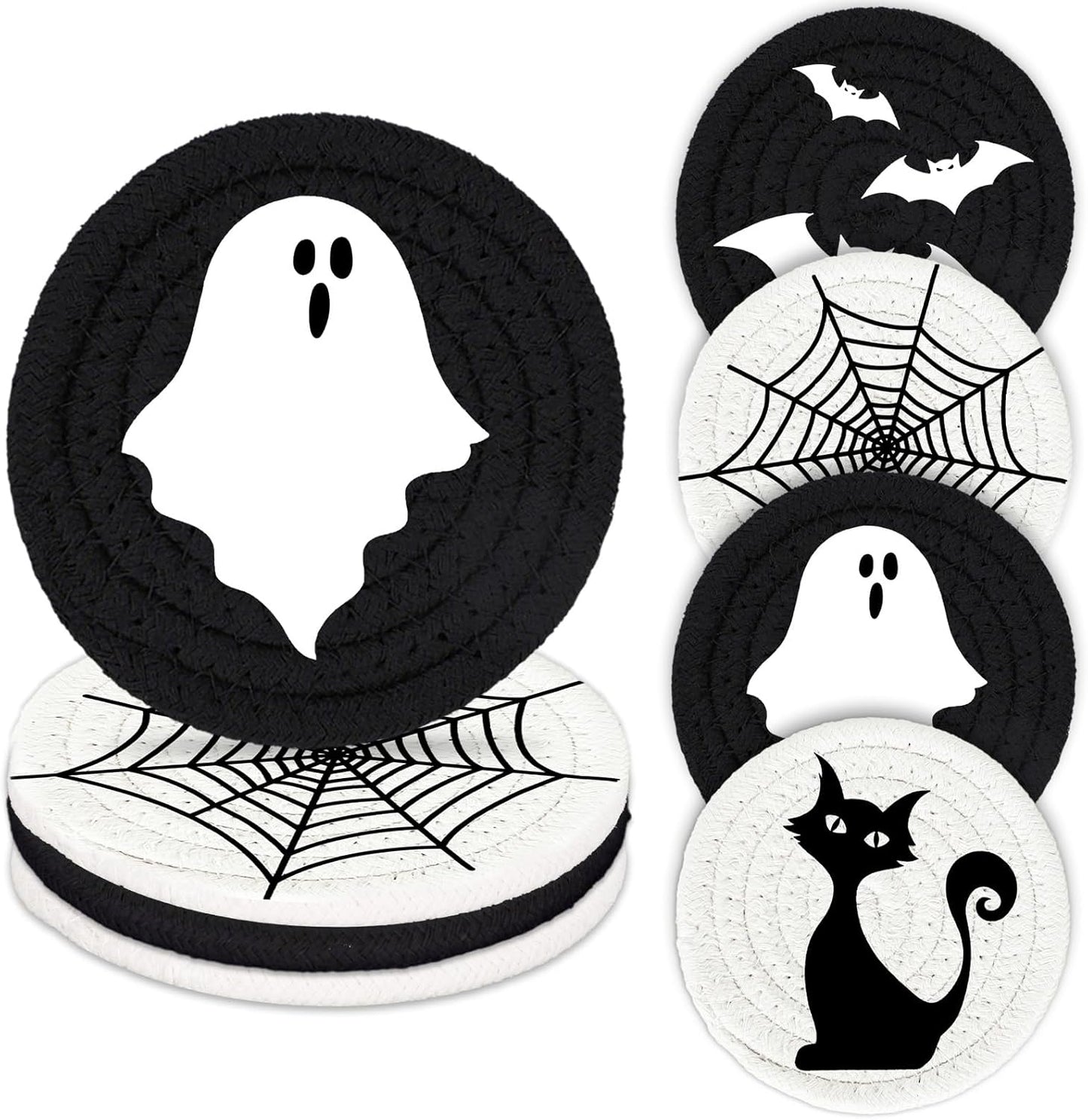 Whaline Halloween Handmade Braided Cotton Coasters Black White Ghost Bat Cat Spiderweb Drink Coasters Absorbent Cup Coasters for Halloween Party Home Office Decor, Set of 4