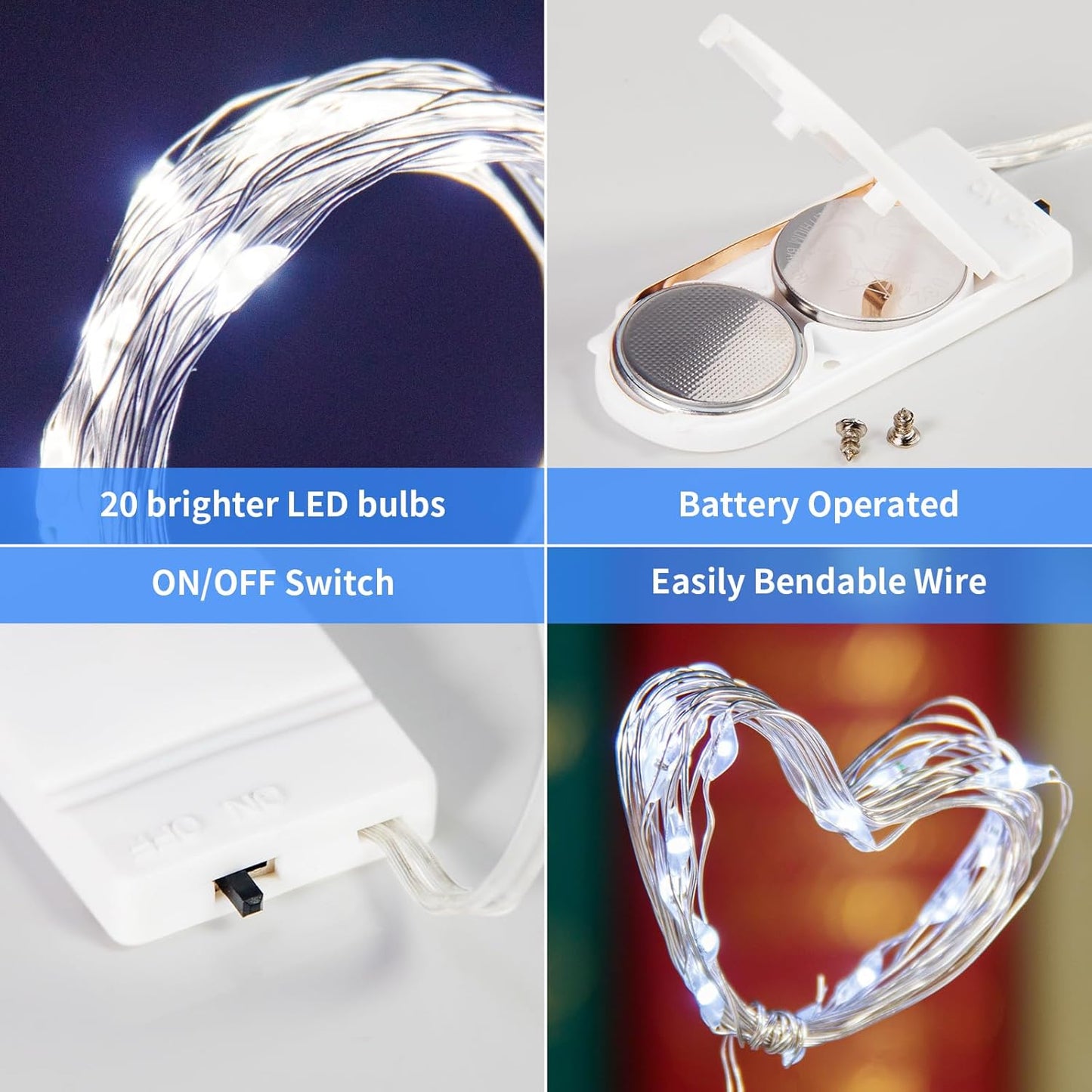 TingMiao Cool White Fairy String Lights Battery Operated LED Starry Lights 7.2ft 20 LEDs Silvery Copper Wire for Christmas DIY Decoration Wedding Party (6 Pack)