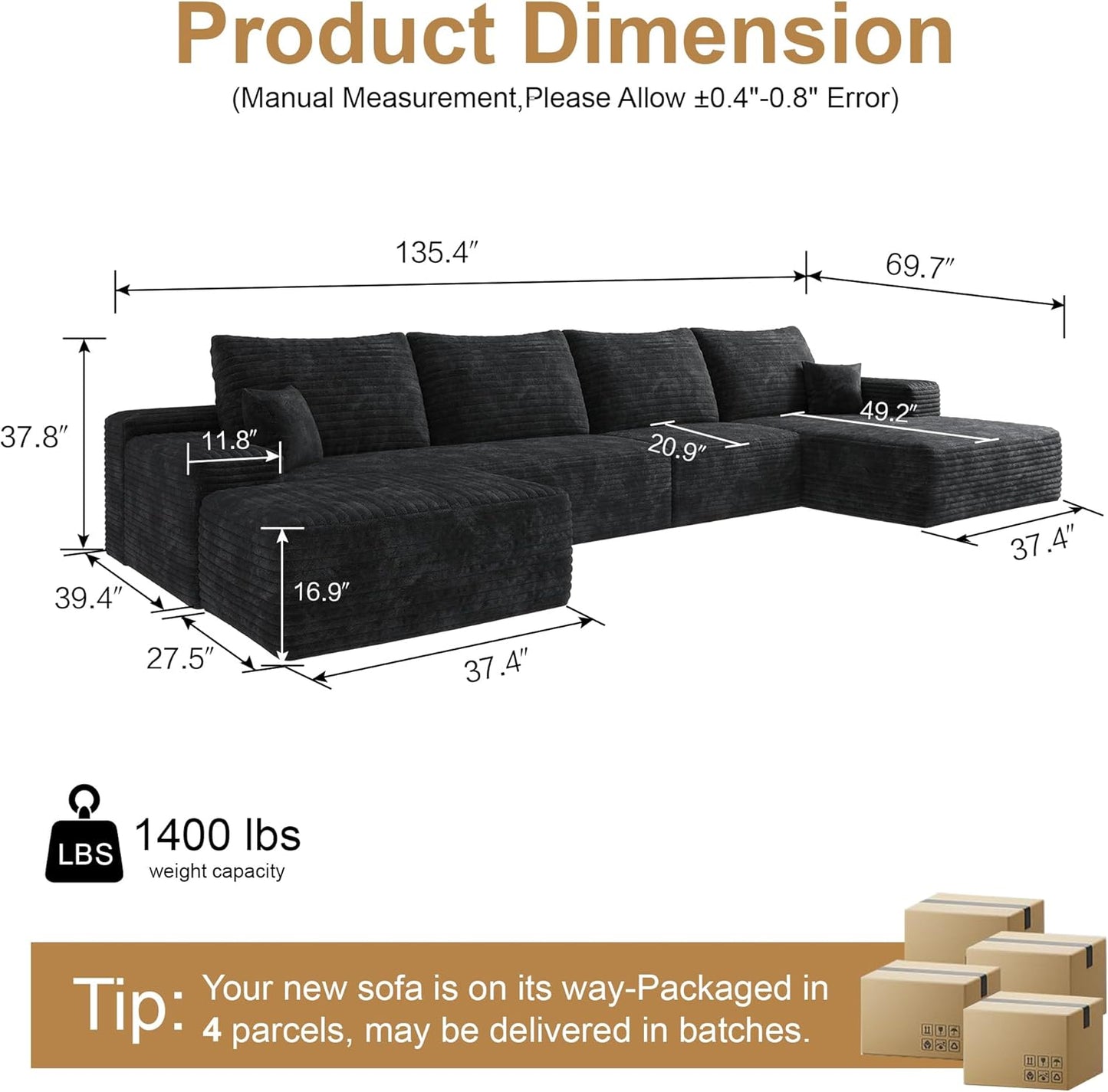 136" Sectional Couches for Living Room Modern Modular Sofa with L-Shape Couchs Upholstered Boneless Couch Deep Seat Sectional Couch with Chaise (Black, Right Facing Chaise+3Seaters+Ottoman)