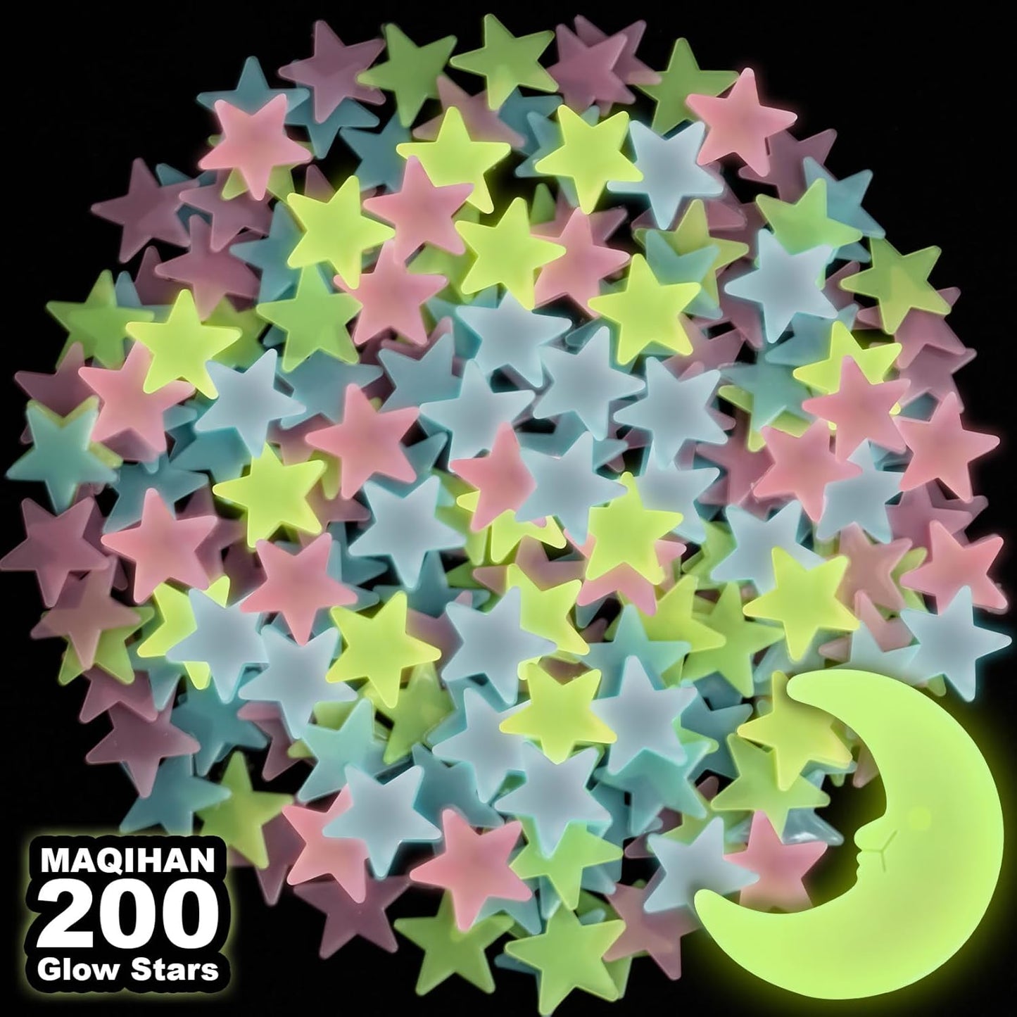 200 Glow in The Dark Stars for Ceiling - Glowing Stars and Moon Stickers Estrellas que brillan en la oscuridad para el techo de cuarto Plastic Space Galaxy Decals Bedroom Wall Decorations