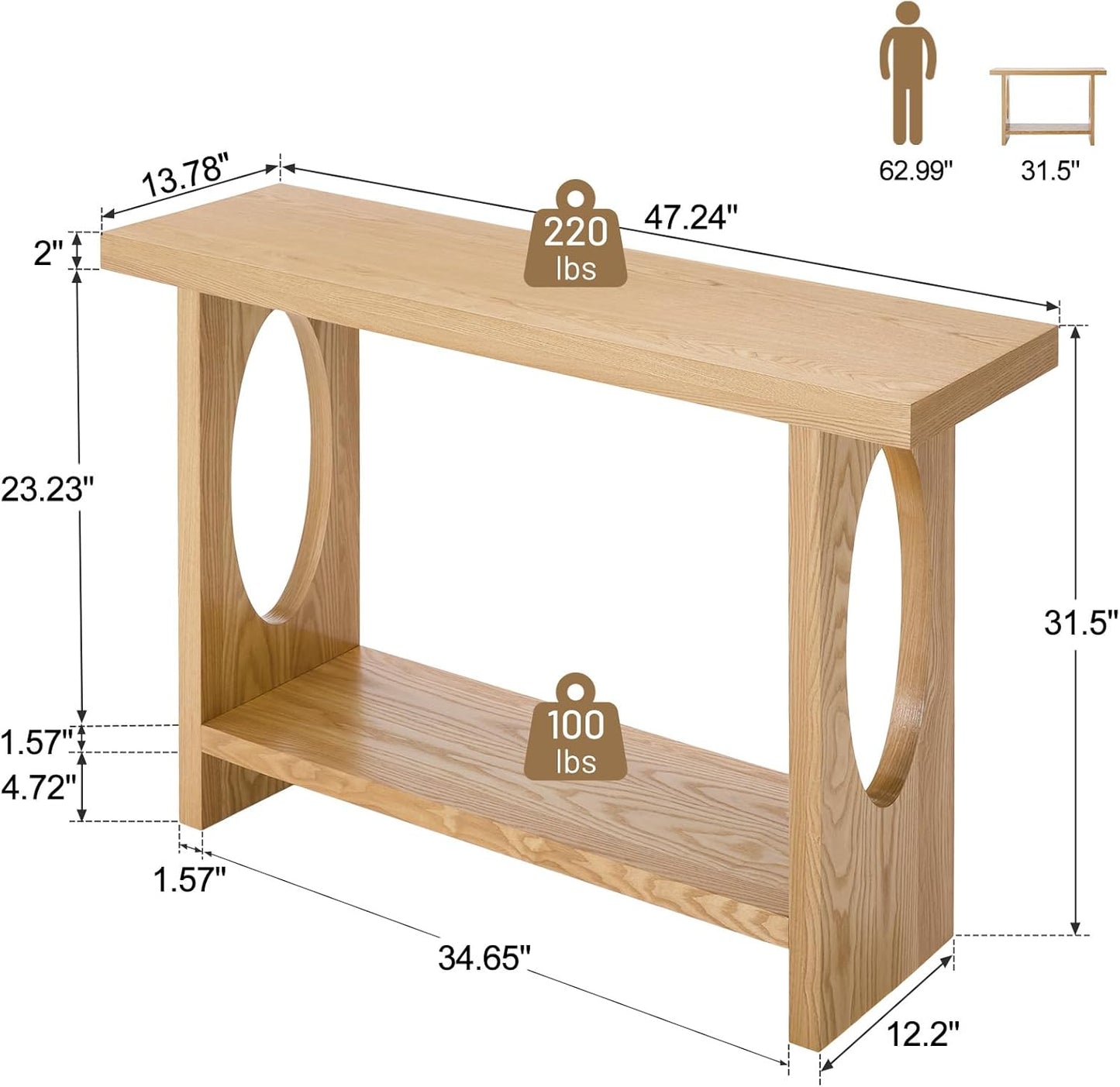 BECHAEO 47-Inch Farmhouse Narrow Console Table, 2'' Thickened Entryway Table with Solid Wood Veneer, 2-Tier Sofa Tables Behind Couch, Rectangle Hallway Tables for Living Room, Foyer Rustic Oak