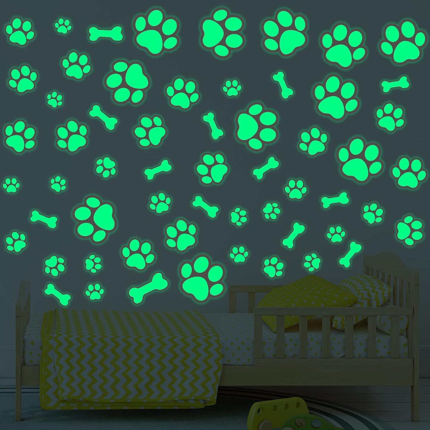 127 Glow in The Dark Dog Paw Stickers Luminous Removable Vinyl Wall Decals for Kids Nursery Bedroom(Green Light)