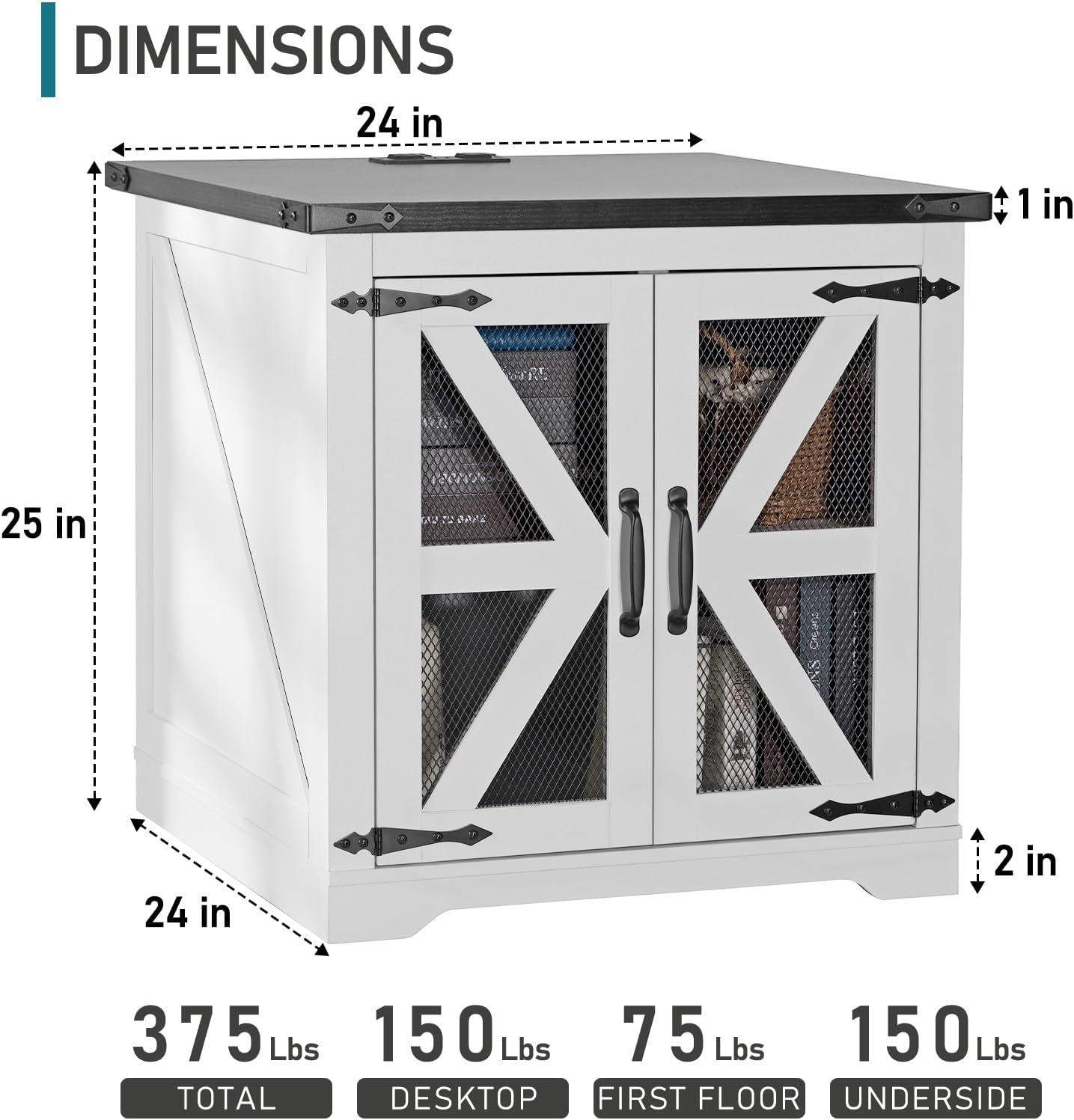 Farmhouse End Table, 24" Large Sofa Side Table with Charging Station, Mesh Barn Door, White Nightstand with Adjustable Storage Shelf, Square Nightstand for Living Room, Bedroom, Office