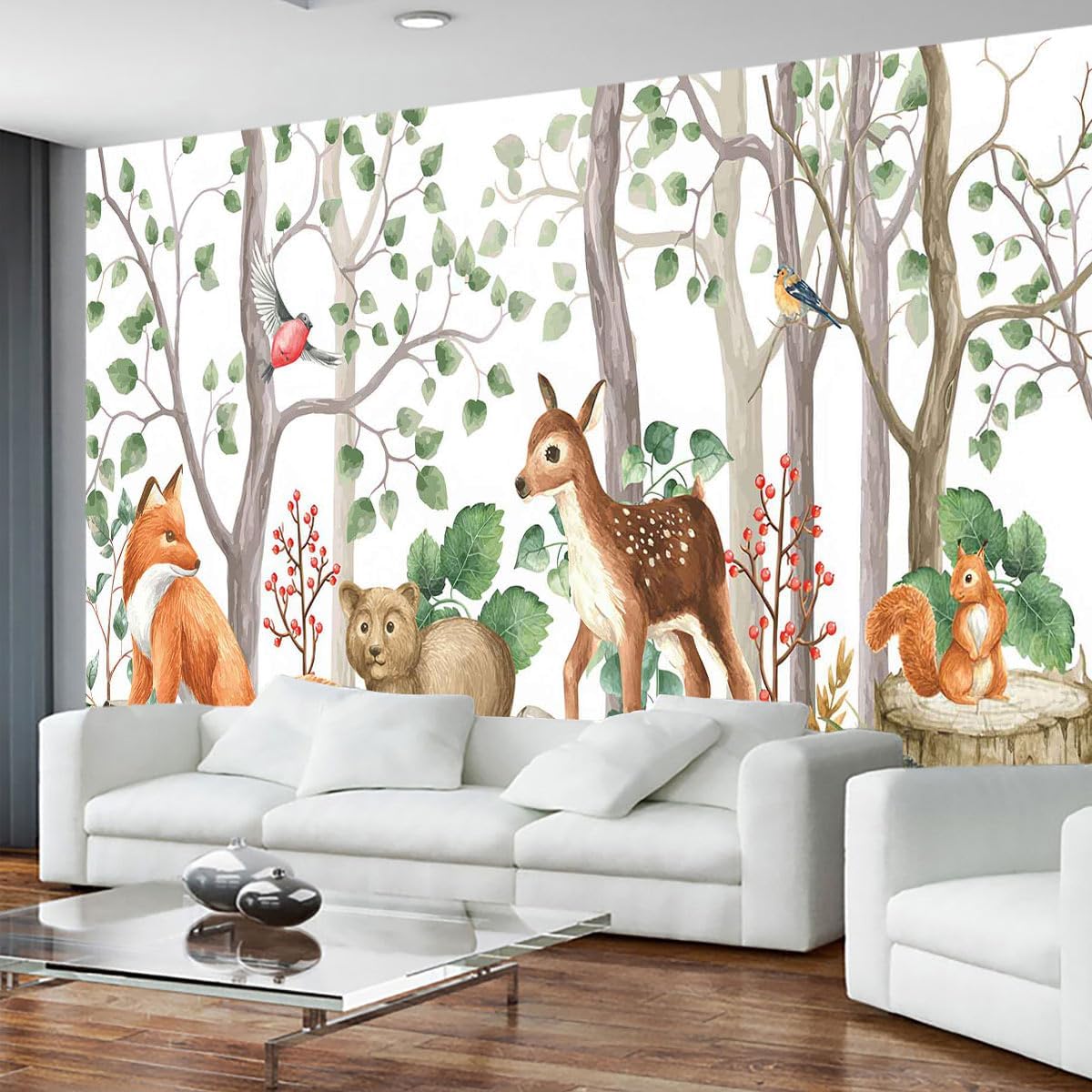 Cute Forest Animals Green Plants Trees Grasslands Composition Watercolor Mural for Interior Wall Decoration（Not Peel and Stick）