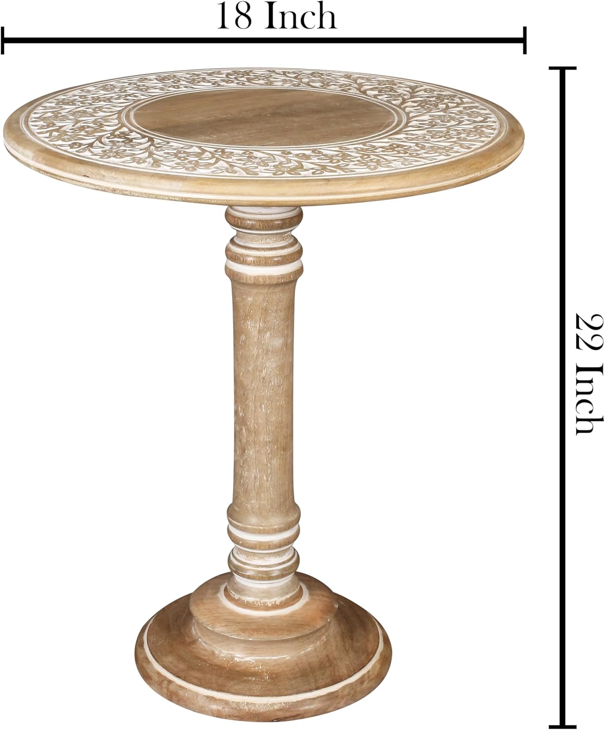 Lightnpro Carved Round End Table with Single Pillar - Handcrafted Accent Bedside Nightstand Side End Table for Living Room, Entryway, Vintage Desk for Books, Plants & Décor - 18x22 Inch - White Wash