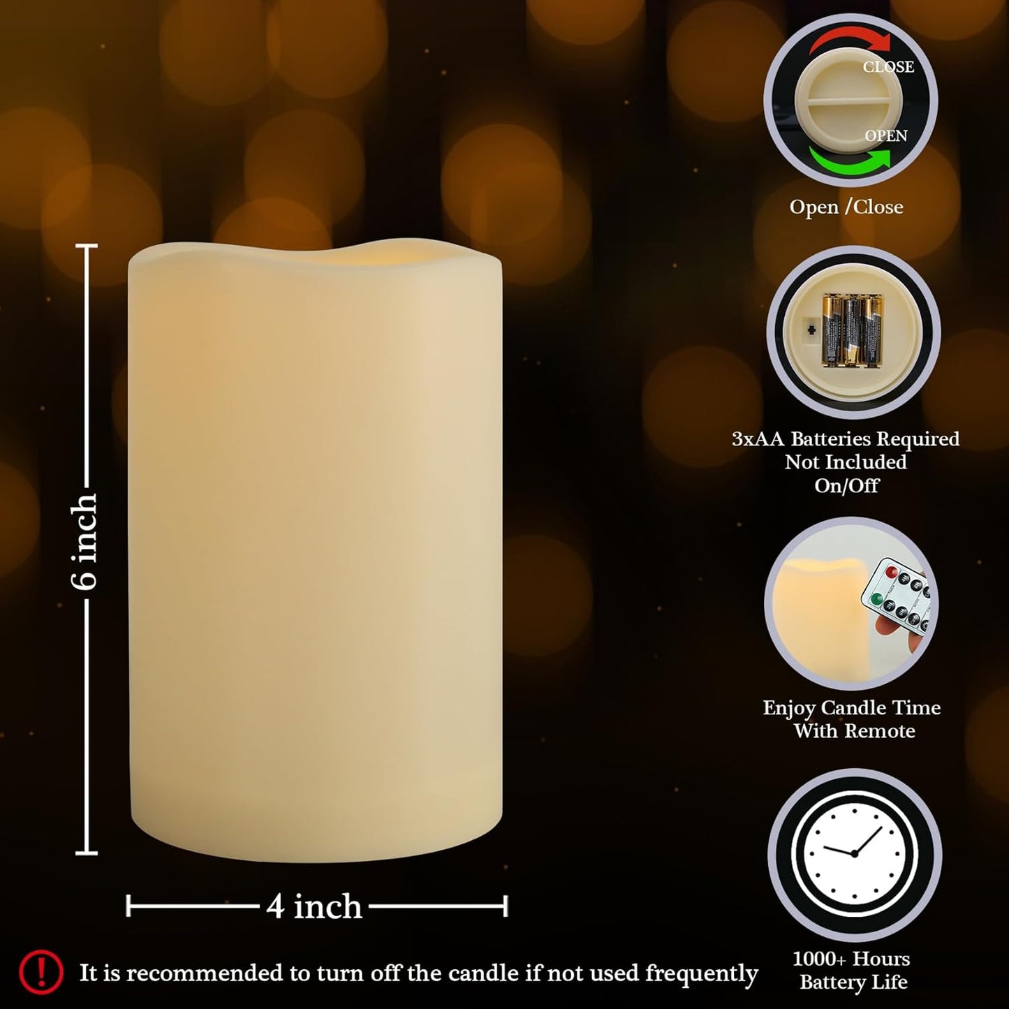 4" x 6" Large Outdoor Flameless Candles with Remote and Timer, Battery Operated Flickering LED Pillar Candles for Patio, Porch, Lantern, Ivory, Plastic, Pack of 1