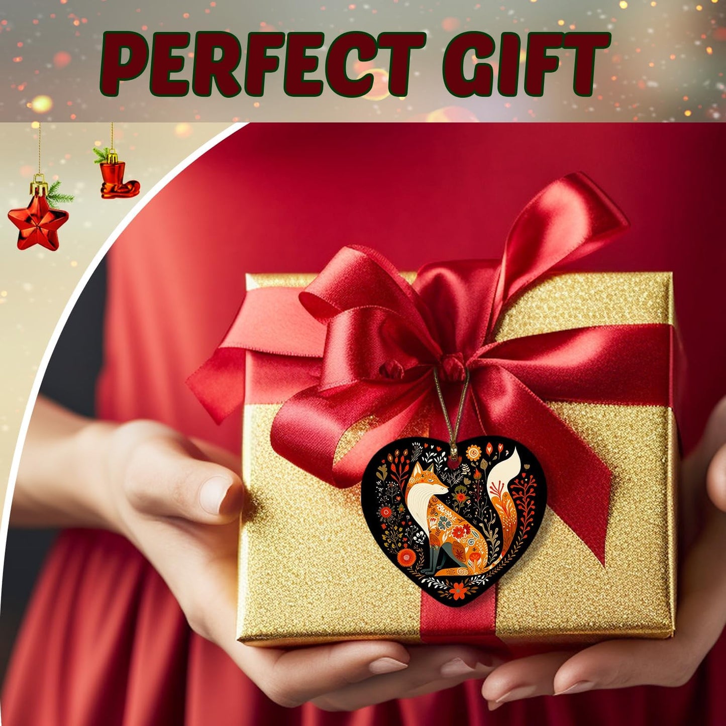 Fox Christmas Ornament - Cottagecore Botanical Heart Ceramic Decoration for Tree - Gift for Women