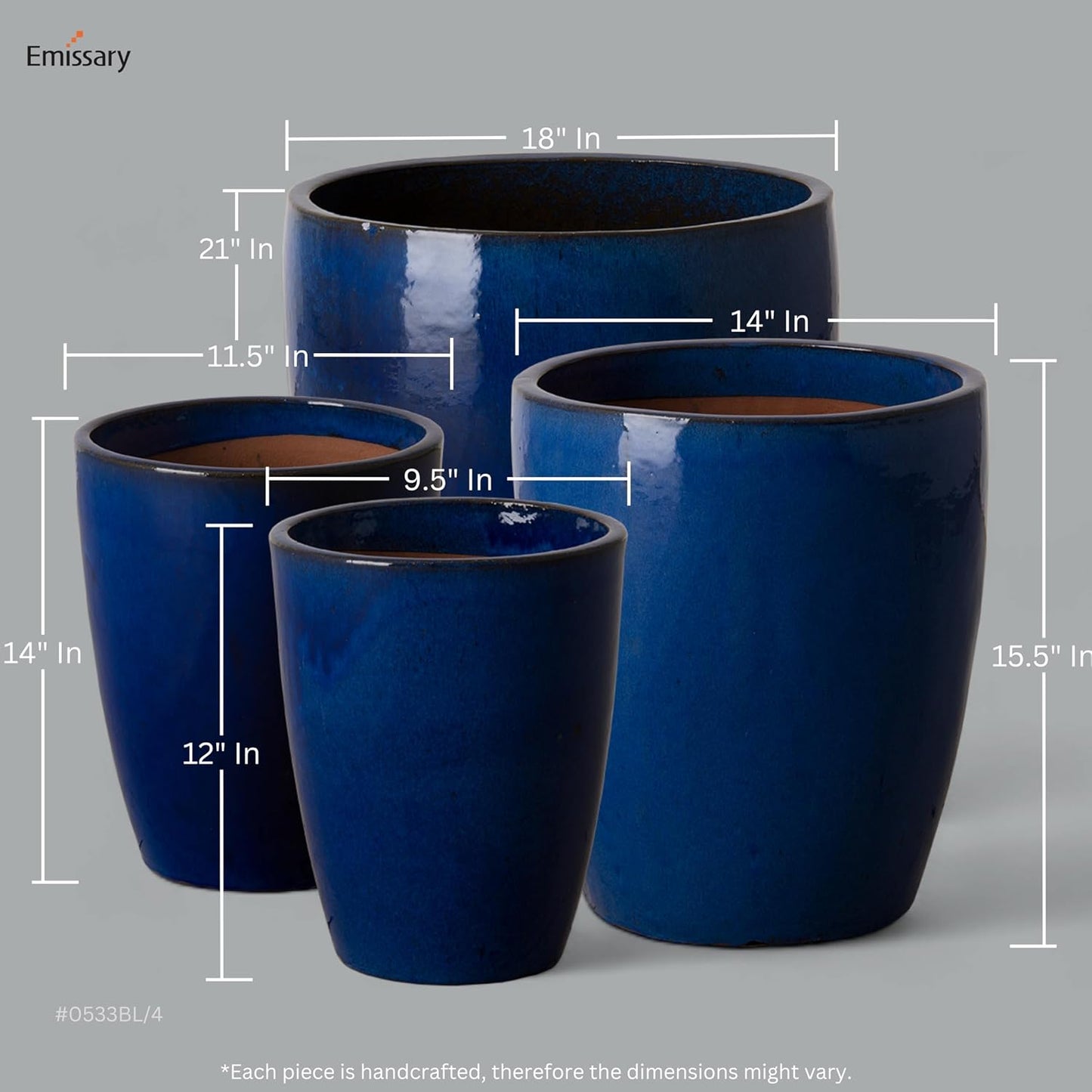 Emissary Home and Garden Bullet 12in., 14in., 15.5in., 21in. H Blue Ceramic Round Planters with Drainage Hole (Set of 4)