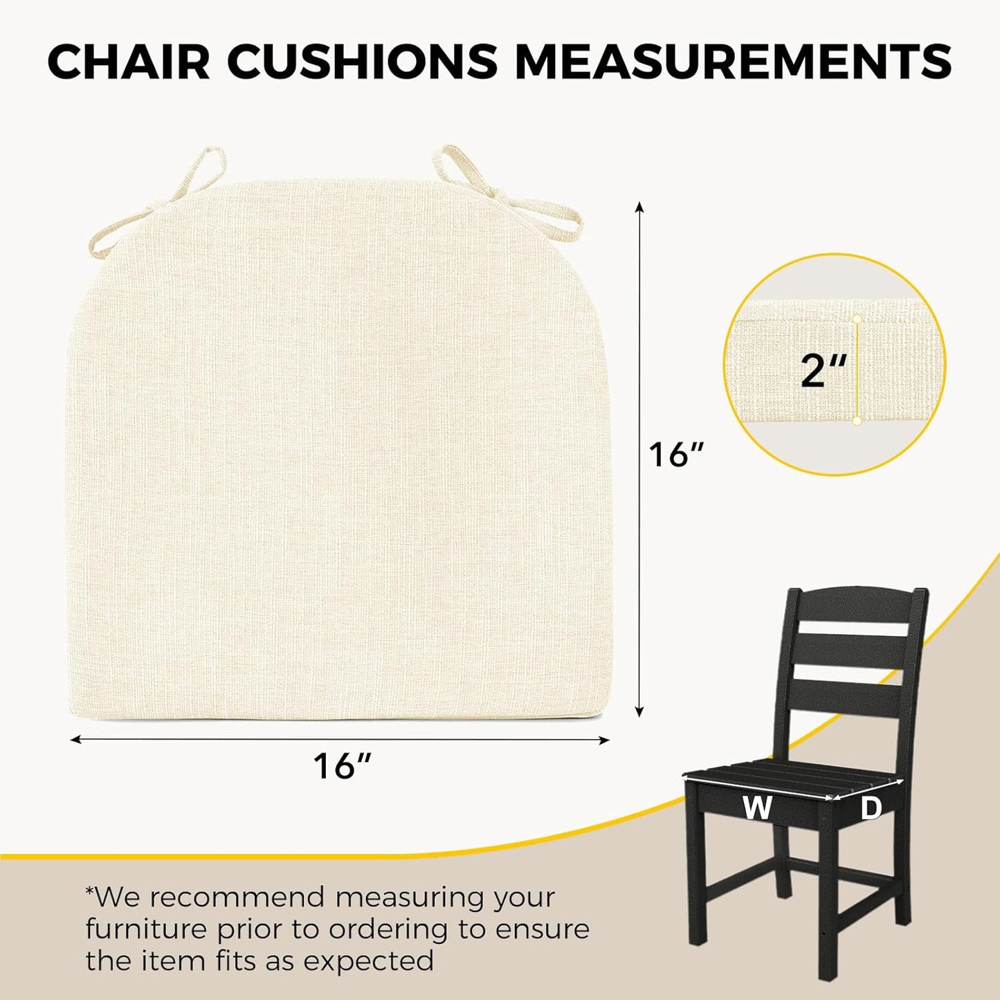 downluxe Indoor Chair Cushions for Dining Chairs, Soft and Comfortable Textured Foam Kitchen Chair Pads with Ties and Non-Slip Backing, 16" x 16" x 2", Beige, 4 Pack