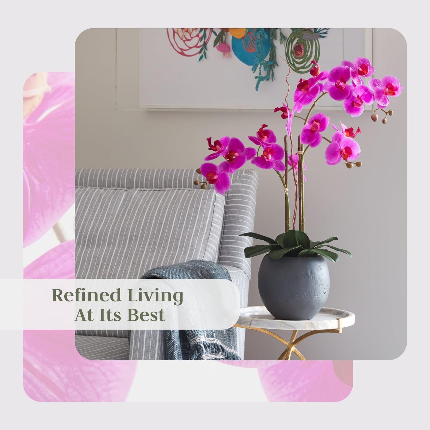 Faux Pink Orchid Plant, Premium Artificial Indoor Flower Display Stands 25-Inches with Beautiful Sculptural Blooms and Foliage That Lasts Forever, Grey Planter Pot Included