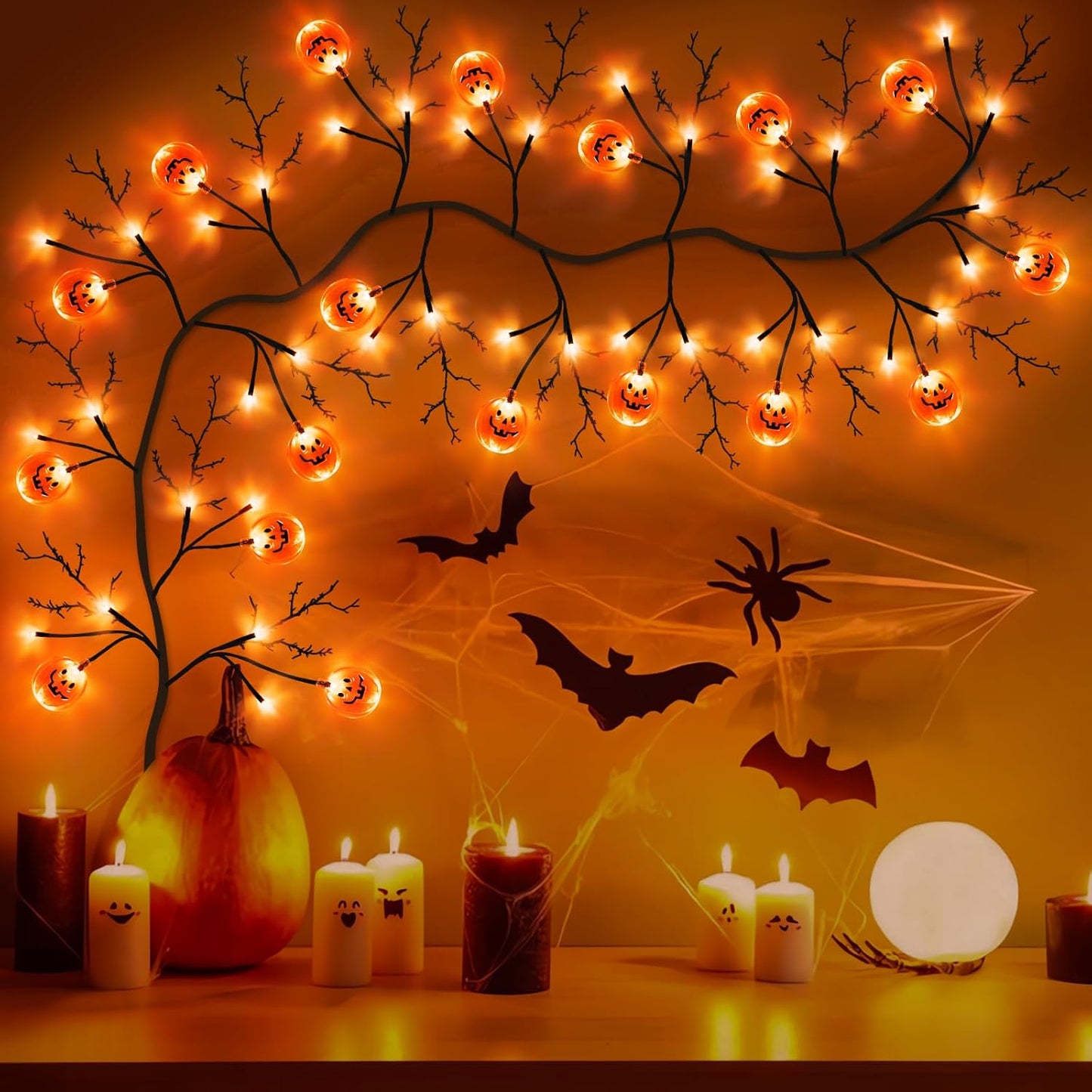 7 Ft 63 LED Halloween Decorations Willow Vine Twig Garland with 8 Modes Timer 21 Pumpkin Orange Lights, Halloween Garland with Waterproof Battery Operated for Indoor Wall Fireplace Decorations