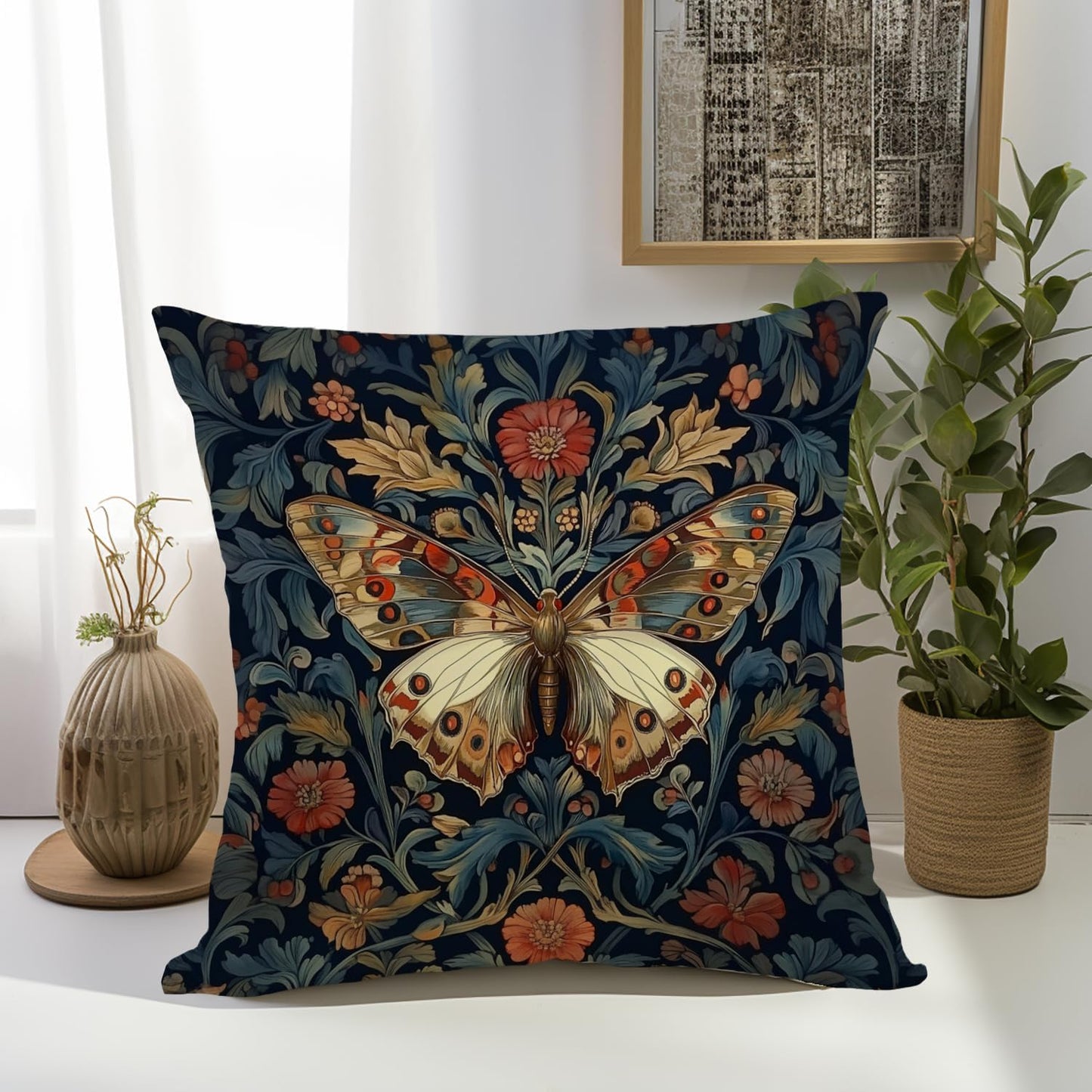 William Morris Abstract Vintage Floral Velvet Butterfly Design Throw Pillow Covers Home Decor, Retro Art Deco Pillowcase Cushion Cover for Bed Sofa Living Room, Square 18x18inch (Blue-Butterfly)