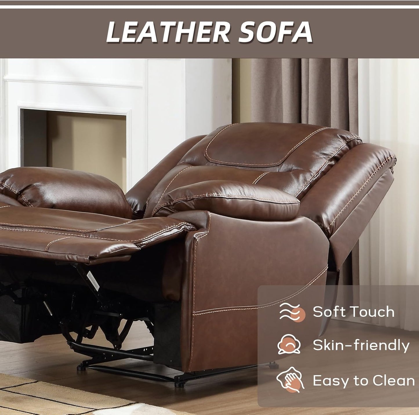 EBELLO Genuine Leather Manual Recliner Chair, Reclining Sofa Chair Couch for Living Room, Bedroom Furniture, Meeting Room, Brown