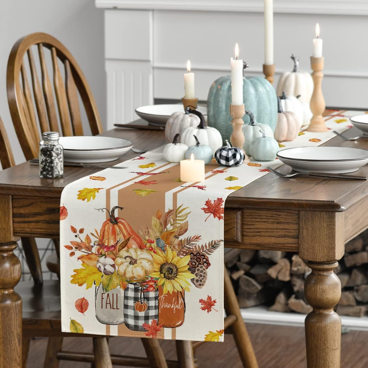 Artoid Mode Thankful Fall Pumpkin Leaves Floral Vases Table Runner, Autumn Thanksgiving Kitchen Dining Table Decoration for Home Party Decor 13x120 Inch