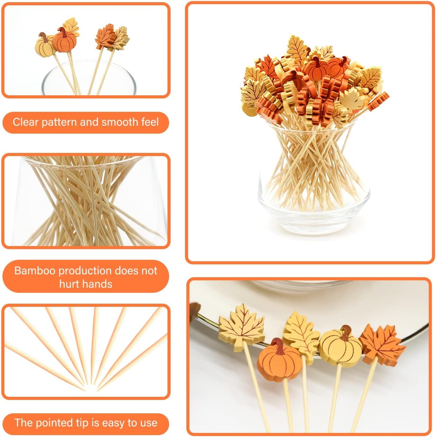 Fall Cocktail Picks Pumpkin Maple Leaf Assorted Autumn Theme Toothpicks Fruit Drinks Dessert Sticks Food Sandwich Appetizer Charcuterie Skewers, for Thanksgiving Decorations Party Supplies (100)