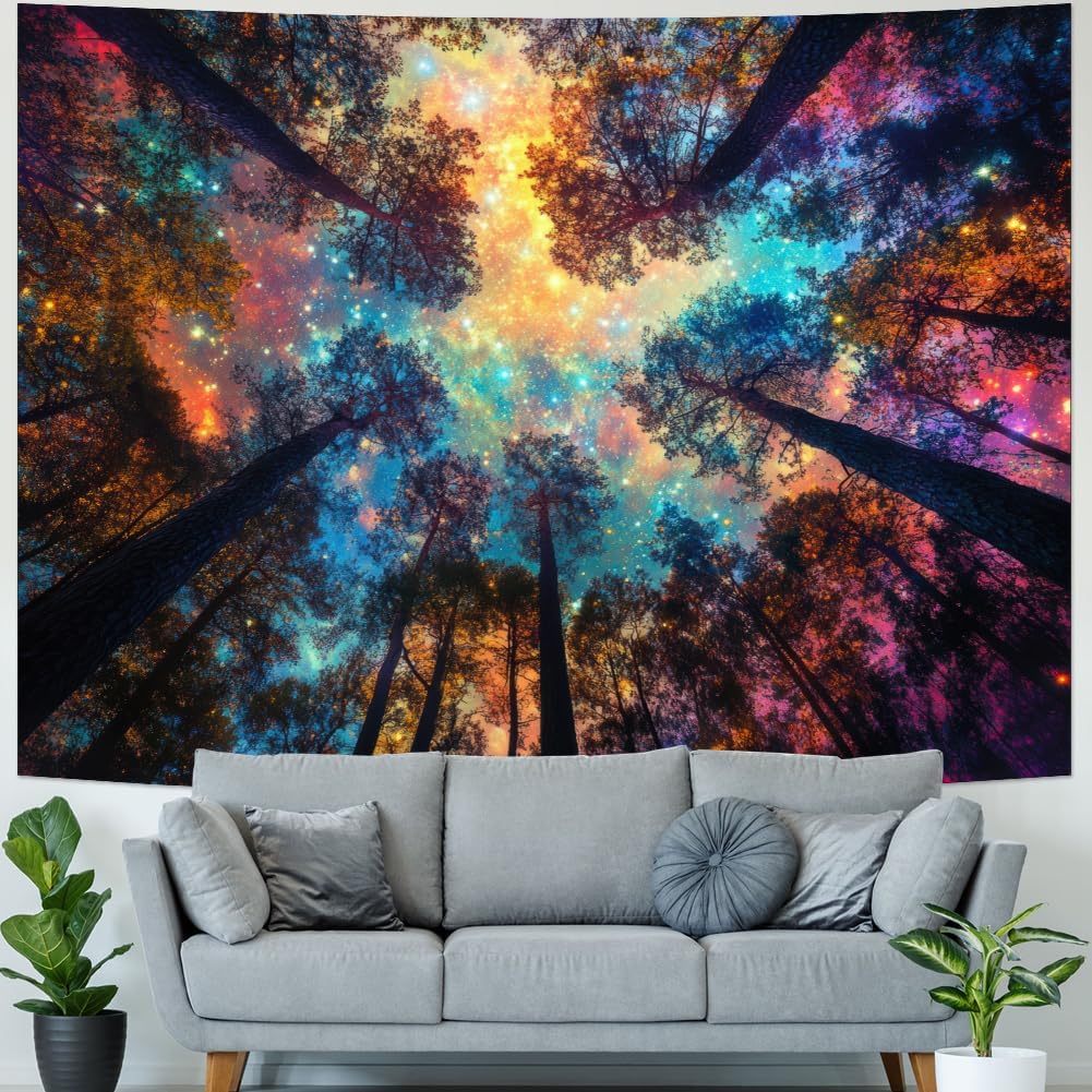 Amhokhui Colorful Forest Tapestry Nature Landscape Tapestry Mysterious Sky Tapestries Psychedelic Aesthetic Starry Night Tapestries Trippy Galaxy Space Wall Hanging Decor for Home