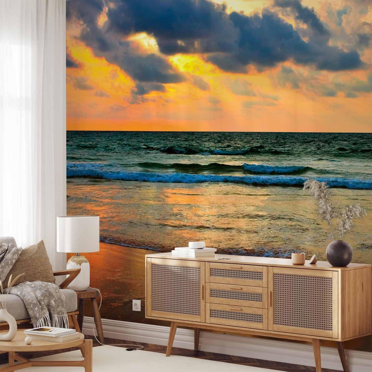 artgeist Wall Mural Nature 216x98 in - XXL Non-Woven Corner Wallpaper Fleece Angle Wall Decor Photo Print Picture Water Waves Birds Sunset Landscape c-B-10179-a-a