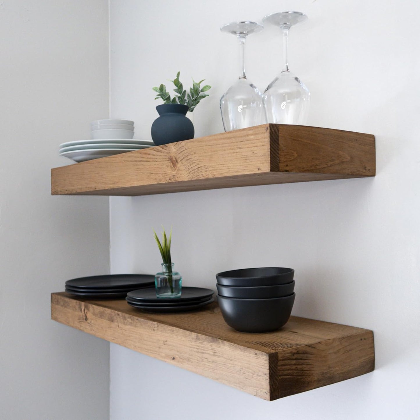 Modern Floating Shelves 3 Inches Thick for Wall, Wide Shelves for Kitchen, Living Room, Bedroom, and Bathroom, Natural Pine Wood, Rustic Wooden Shelf, (Set of 2) (Aged Oak, 24Lx3Hx6D)