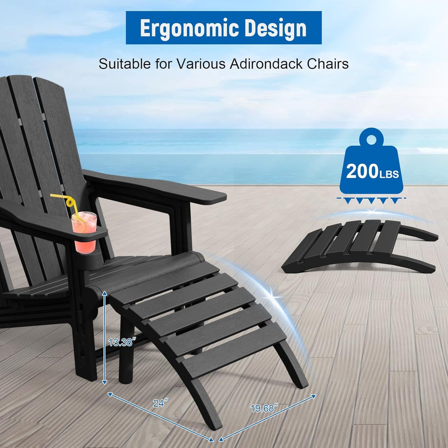 Adirondack Ottoman, HDPE Plastic Adirondack Footstool, All Weather Foot Rest for Adirondack Chair, Outdoor Footrest for Patio,Backyard, Lawn, Fire Pits, Black