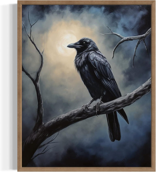Crow under the Moonlight Poster Art Print, Halloween Scary Vintage Wall Art Academia Spooky Painting Decoration for Horror Prints, Gothic Posters Bedroom Decor 89 (Crow under the Moonlight, 8 x 10 inches, Wood Frame)