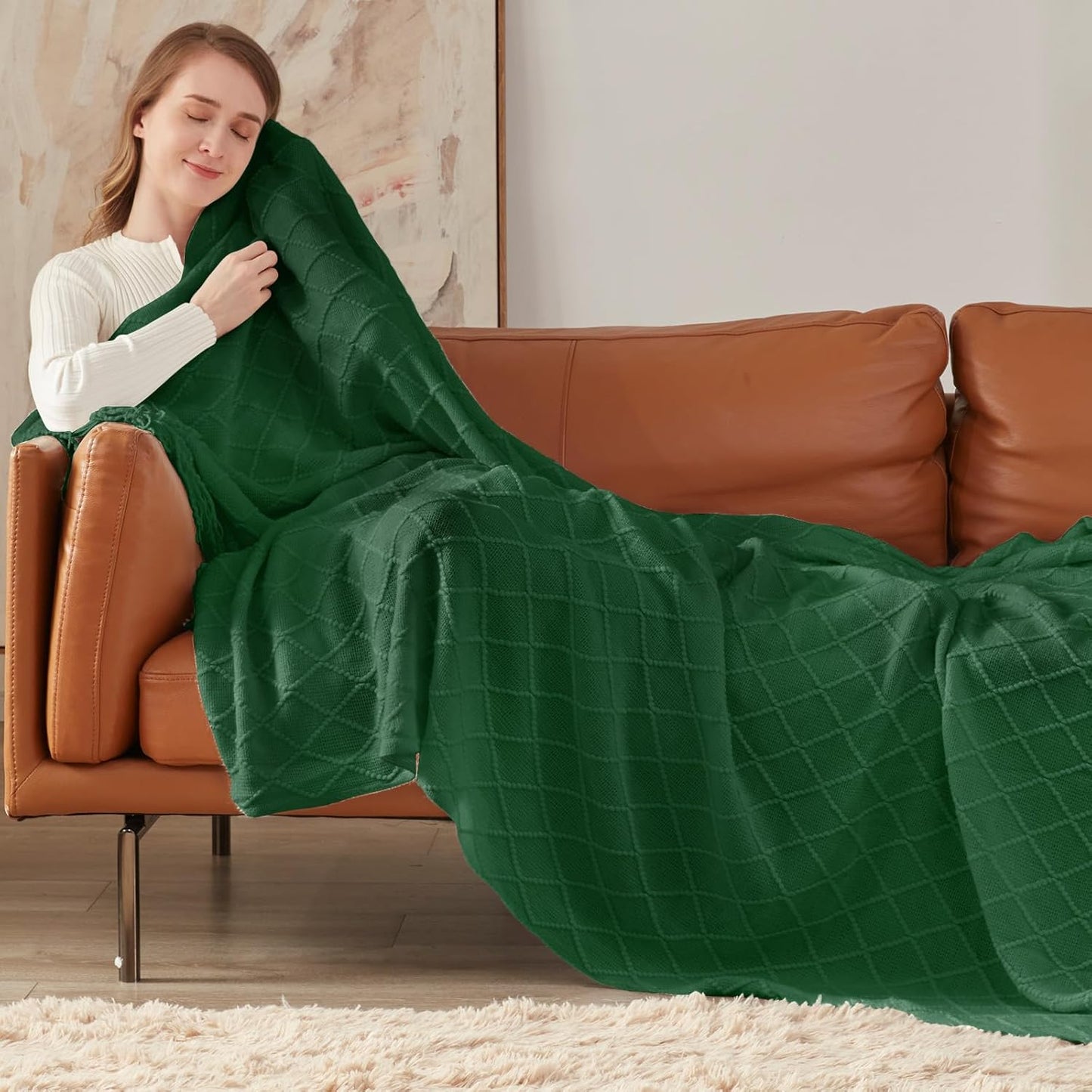 inhand Knitted Throw Blanket for Couch and Bed, Soft Living Room Home Decor Knitted Blanket with Tassel, Outdoor Lightweight Breathable Summer Blanket, Farmhouse Warm Woven Decorative, 50"x60"