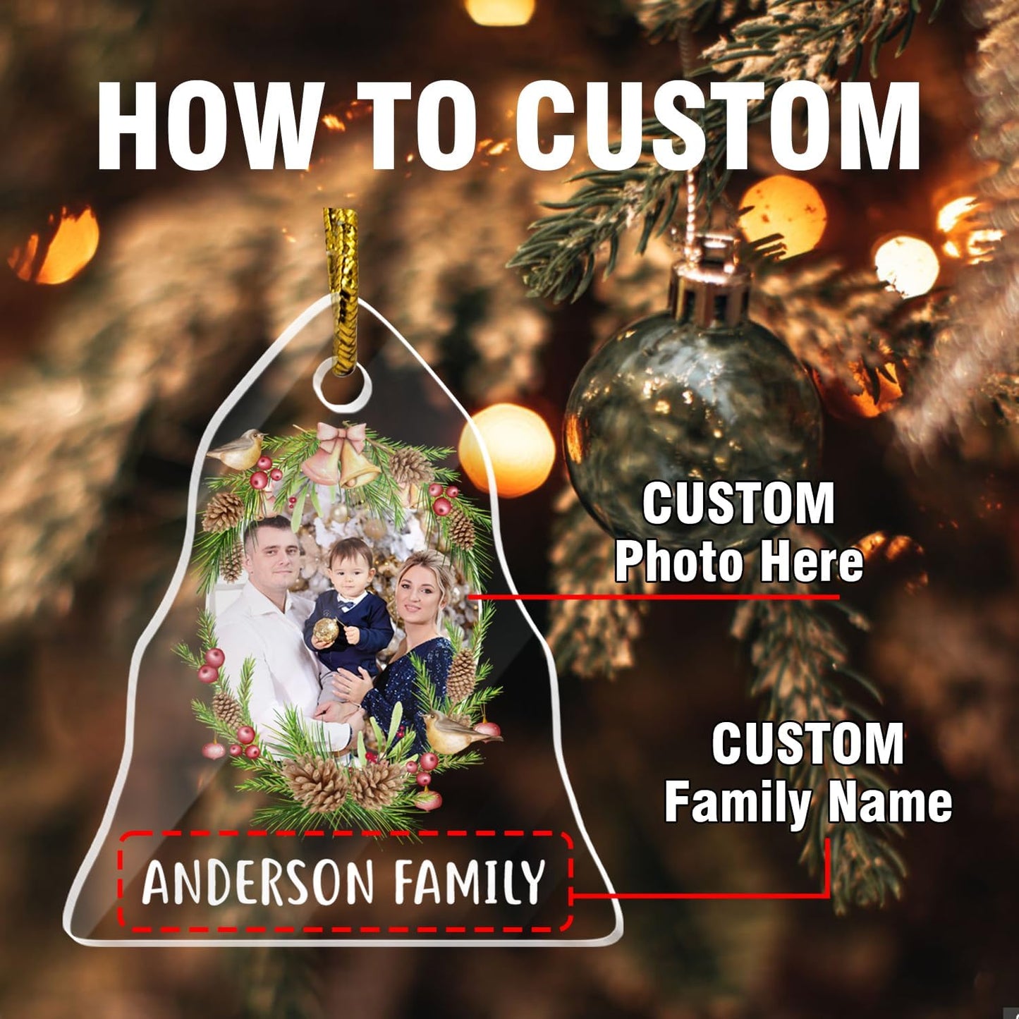 Personalized Photo Crystal Ornaments, Christmas Tree Hanging Decor, Custom Ornaments for Family, Decorative Hanging Glass Pendant, Design Family Picture, Gifts for Merry Christmas