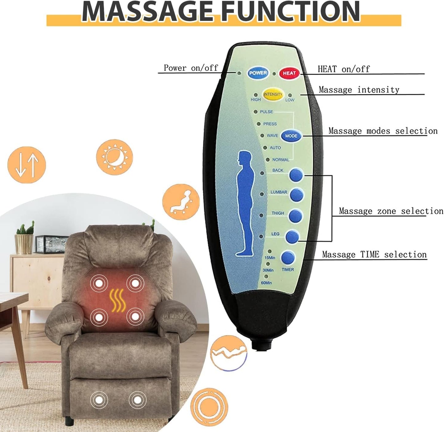 KCREAM Massage Recliner Chair with Heat,Overstuffed Fabric Recliner Chairs with Heating,Small Recliner for Living Room Bedroom, Manual Reclining Single Sofa Recliners Lounge Chair for Adult,Brown