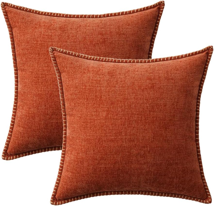 MIULEE Pack of 2 Fall Couch Throw Pillow Covers 16x16 Inch Rust Farmhouse Decorative Pillow Covers with Stitched Edge Soft Chenille Solid Dyed Pillow Covers for Sofa Bed Living Room