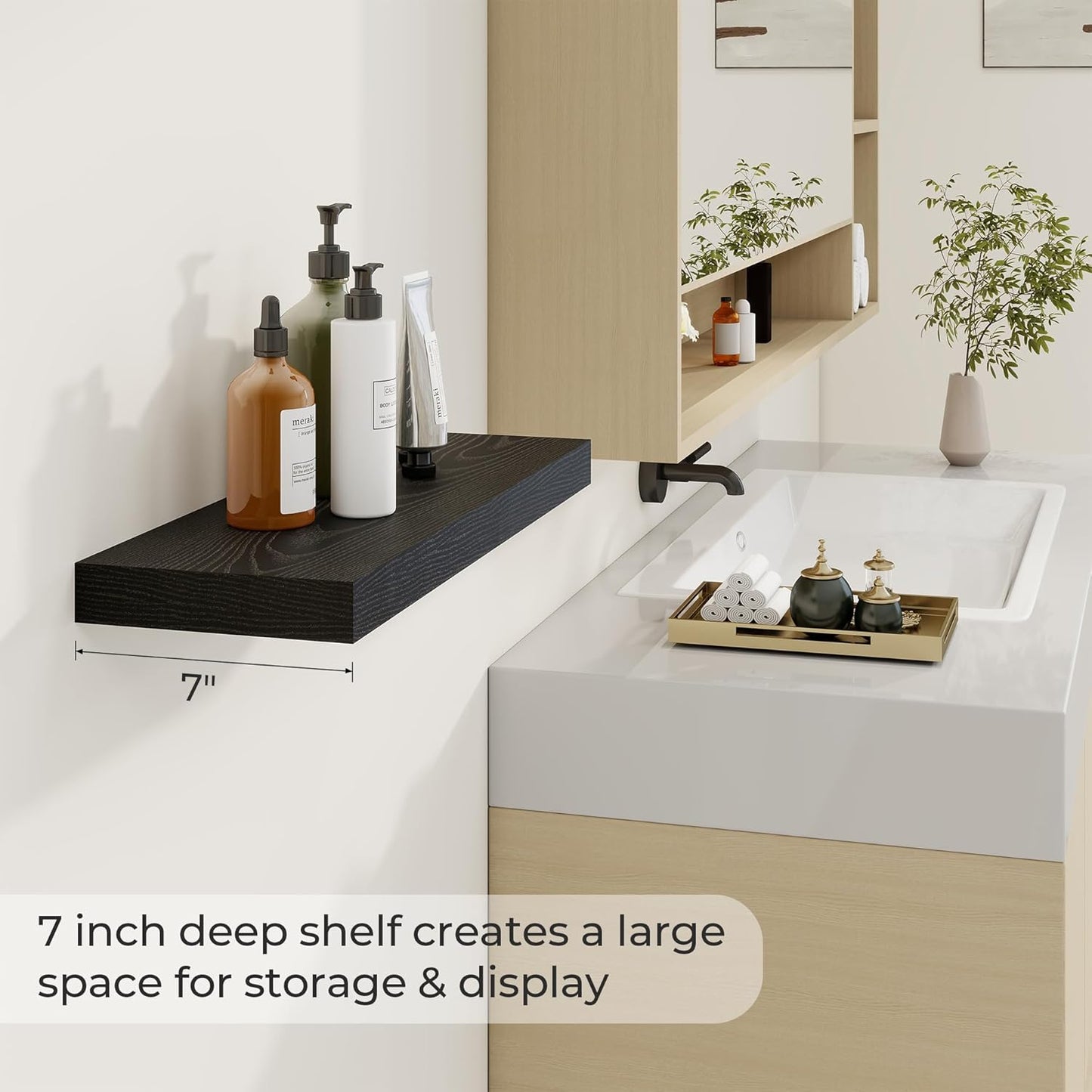 24 inch Floating Shelves Long Floating Shelves for Wall Large Wall Mounted Shelves with Invisible Brackets, Black Shelves for Bathroom, Living Room, Kitchen, Office, 24x6.7 inch deep Set of 2