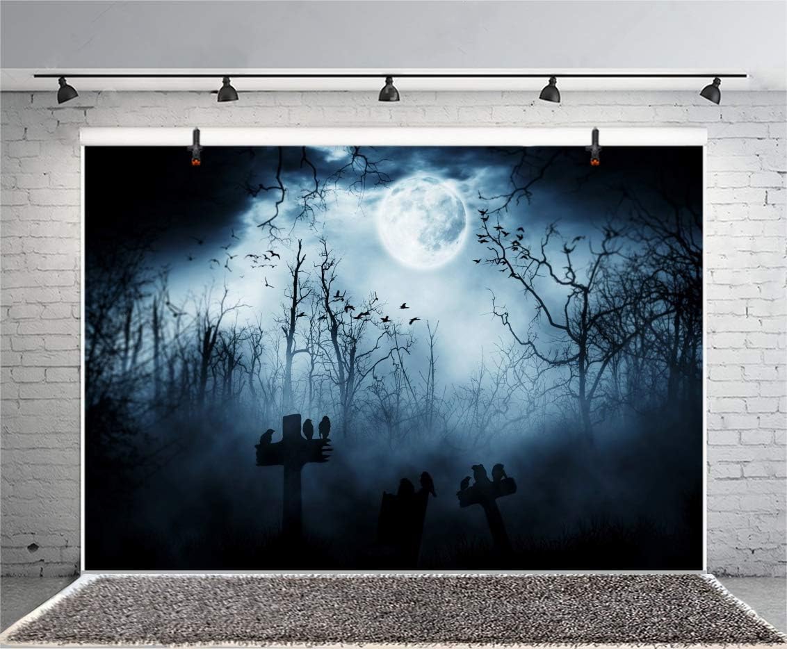 AOFOTO 10x6.5ft Moon Night Halloween Cemetery Photography Backdrop Flying Bats Birds Stand on Gravestone Cross Graveyard in Dark Forest Photo Background Cloth Vinyl Wallpaper Photo Studio Props