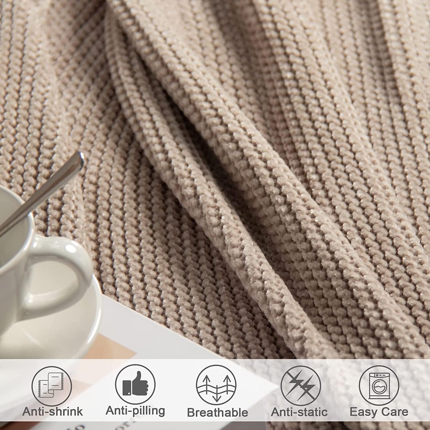 lifein Throw Blanket for Couch, Soft Boho Decor Bed Throw,Cozy Beige Knitted Chenille Small Farmhouse Lightweight Throw for Spring(Beige,60 * 80")