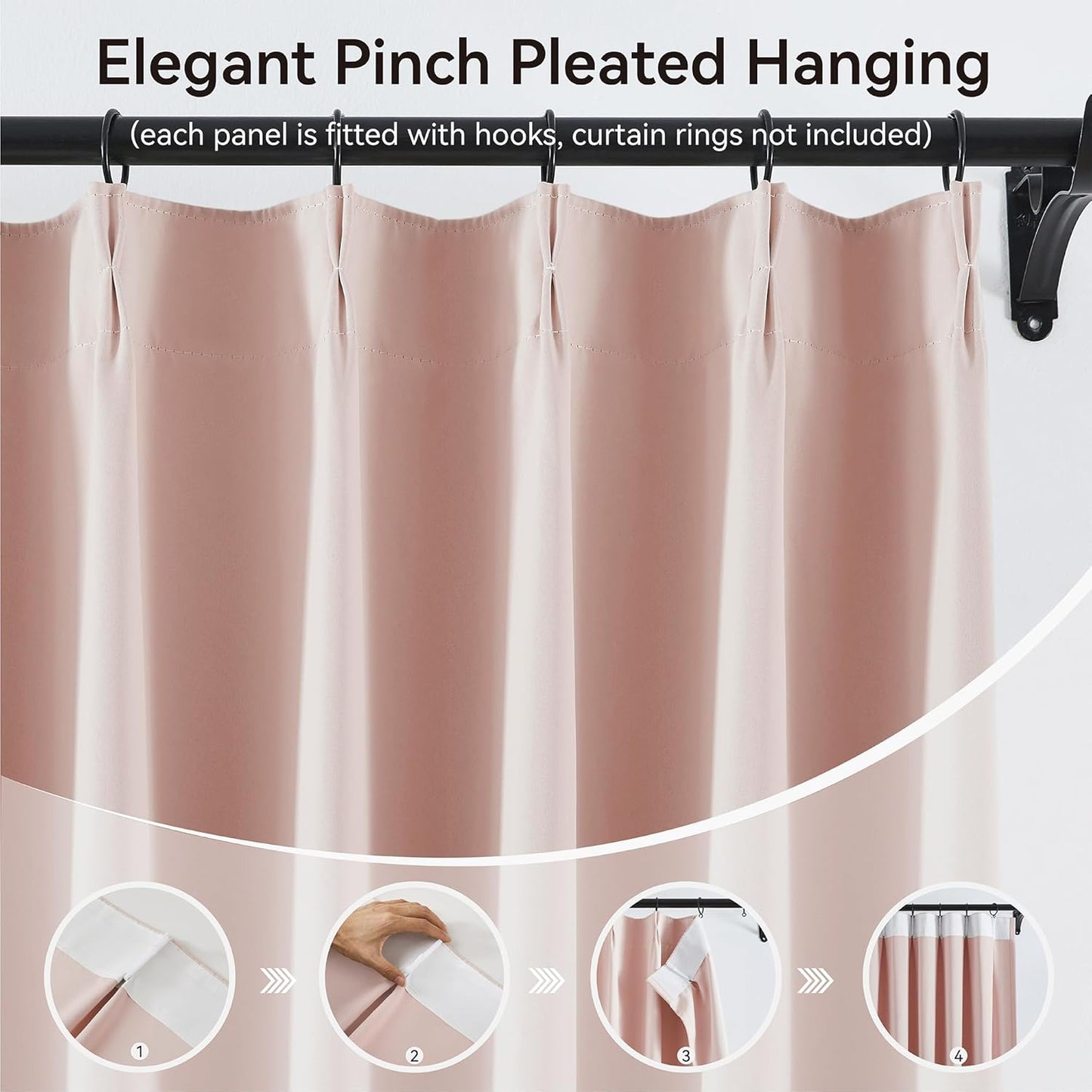 KangBang Soft Pink Pinch Pleated Curtains 90 Inches Long for Girls Room 2 Panels, Pinch Pleat Blackout Curtains for Bedroom with Hooks Soft Vertical Privacy Window Panels(40”Wx90”L,7.5FT, Baby Pink)