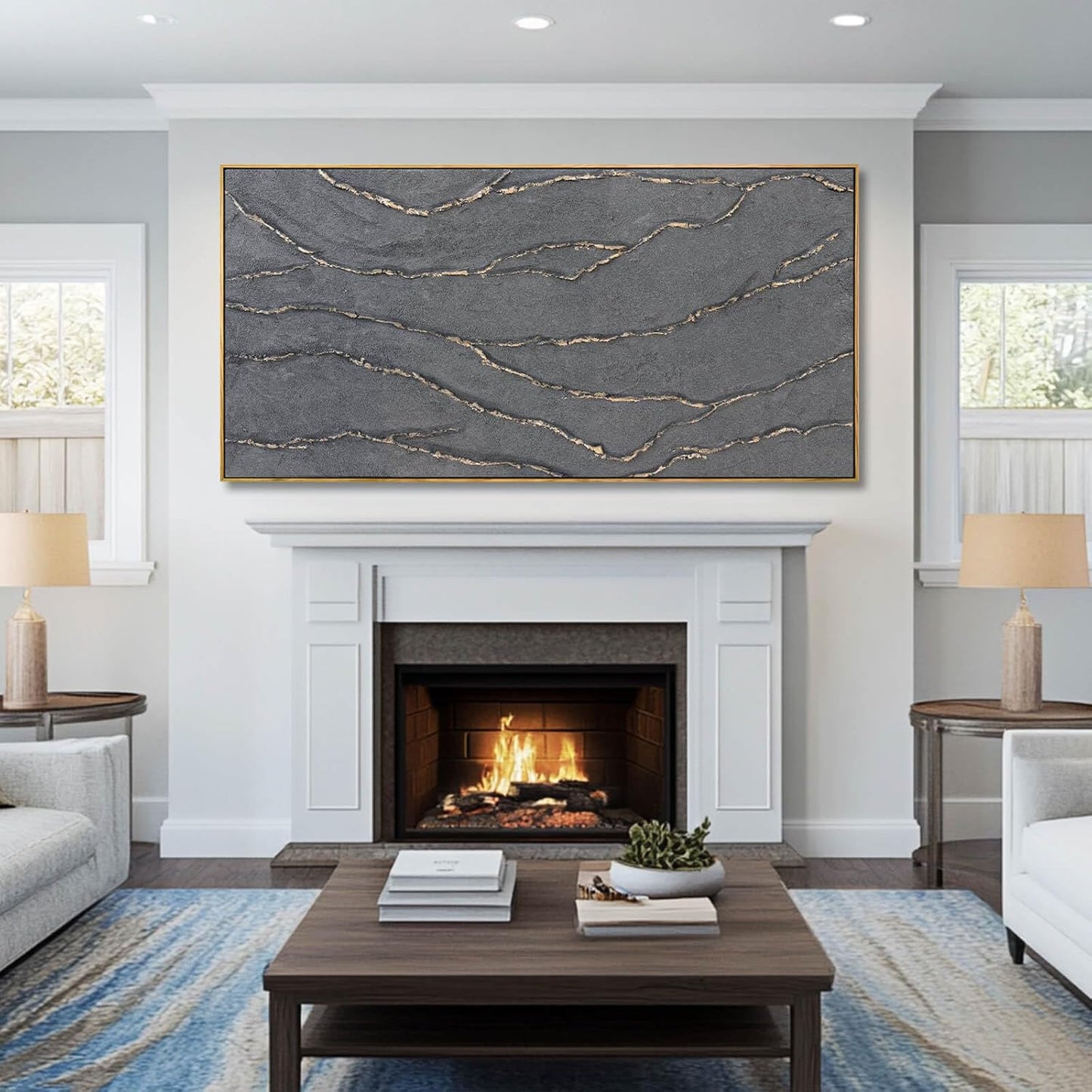 Gold and Grey Wall Art Framed Pictures Wall Decor Neutral Artwork Hand Painted 29"x58" Abstract Wall Art for Living Room Dining Room Kitchen