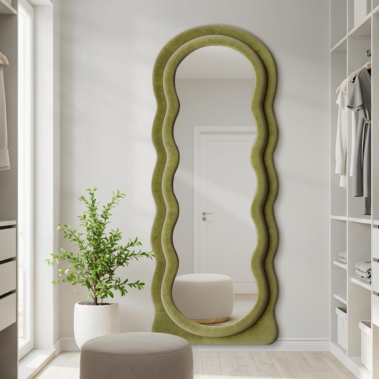 Full Length Mirror 63"x24" Arched Wavy Full Body Wall Mounted Floor Mirror with Stand Green Flannel Frame Leaning Hanging Wall Mirror for Bedroom Entrance Hallway