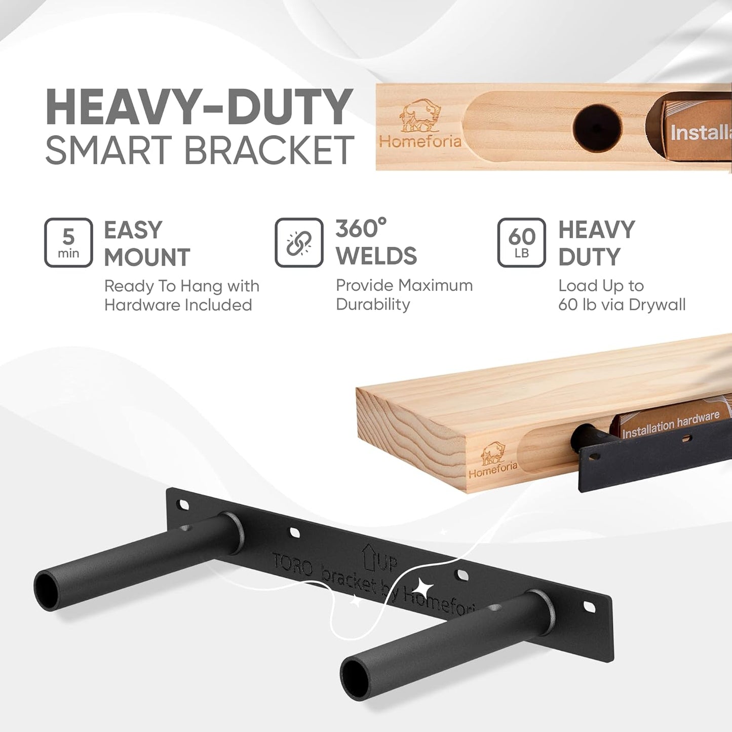 Homeforia White Floating Shelves 16 inch, High End Solid Real Wood 16inch Bathroom Floating Shelf for Wall Mounted, White Wooden 16 Floating Shelves, Heavy Duty Bracket, 16 X 6.5 X 1.75 inch, Set of 2