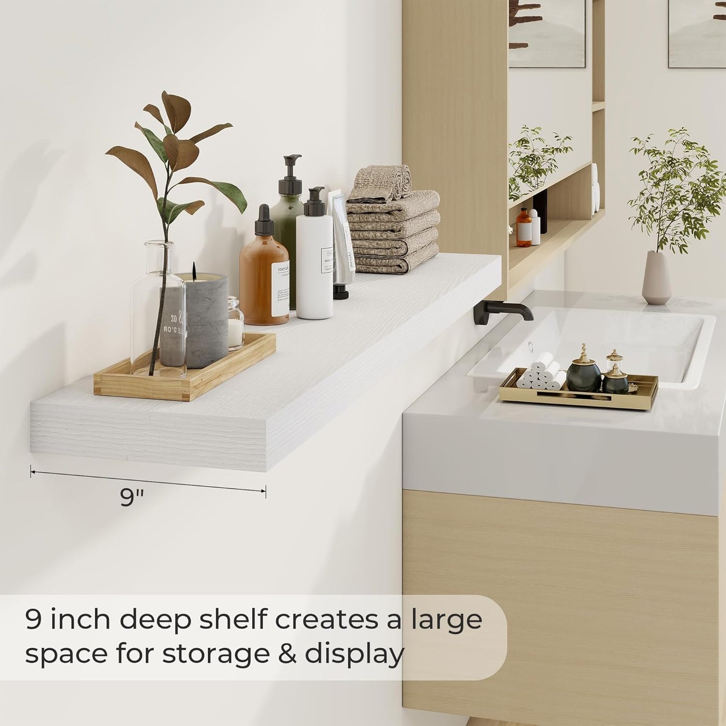 48 inch Floating Shelves for Wall Large Wall Mounted Shelves with Invisible Brackets, White Long Shelves for Bathroom, Living Room, Kitchen, Office, 48x9.1 inch deep Set of 2