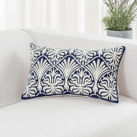 HWY 50 Navy Blue Decorative Lumbar Pillow Cover Rectangle 12x20 Inch (1 Piece), Embroidered Cotton Farmhouse Cushion Cover Pillow Case for Sofa Couch Living Room Bed, Minimalist Floral