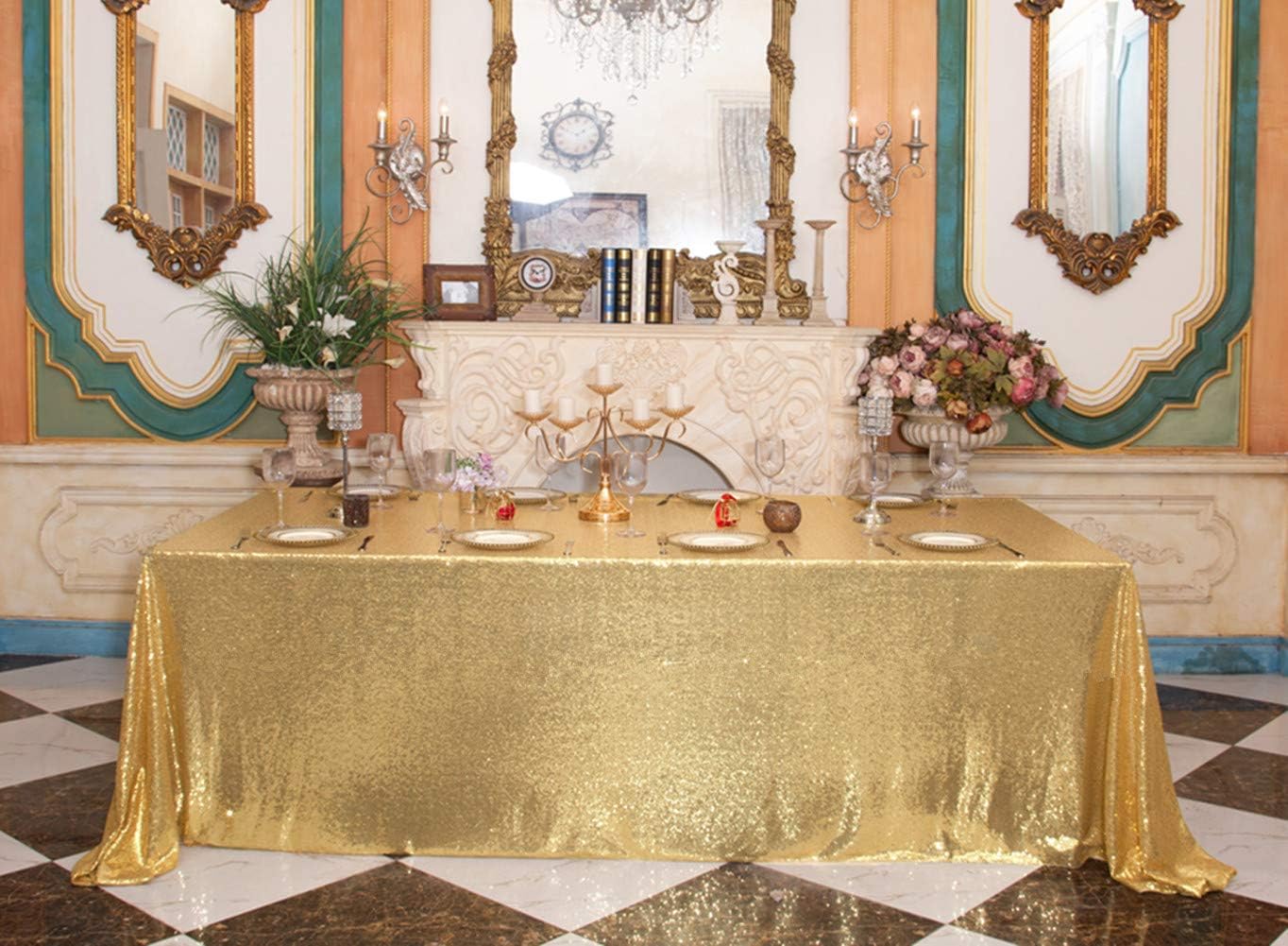 SquarePie Sequin Tablecloth 90 x 156 Inch Gold Sparkly Table Linen for Wedding Party